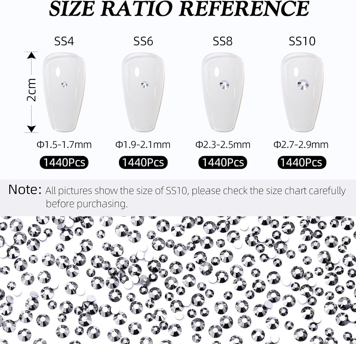 Black Hematite Flatback Rhinestones, Glass Rhinestones for Nail Art and Craft, Glue Fix, Loose Crystal Gemstones(Black Hematite, SS4, 1440pcs, 1.5-1.7mm)