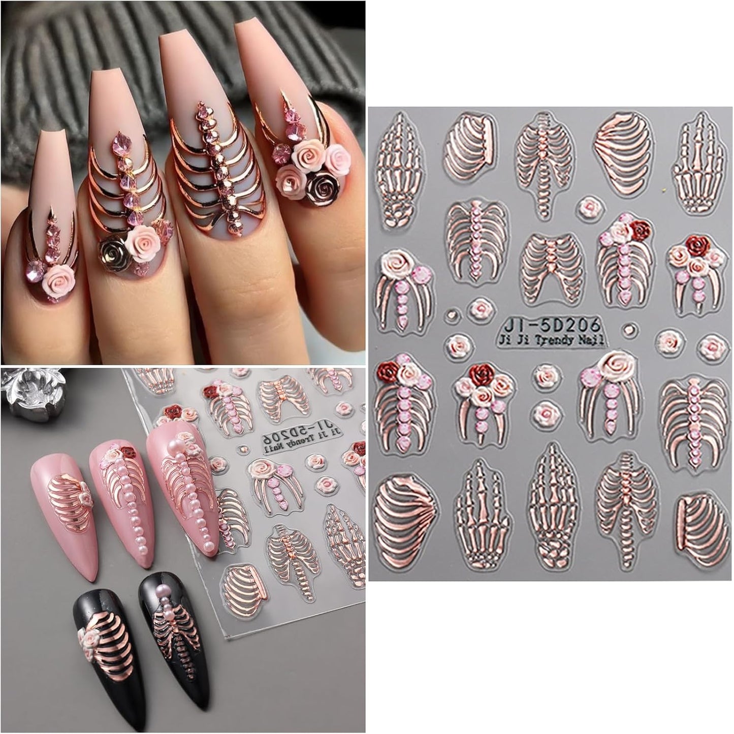 VOTACOS 5 Sheets Halloween Nail Art Stickers Decals 5D Nail Decals Gold White Bone Pattern Sticker Self-Adhesive Skull Nails Supplies Accessories 3for Women Halloween Nails DIY Decoration