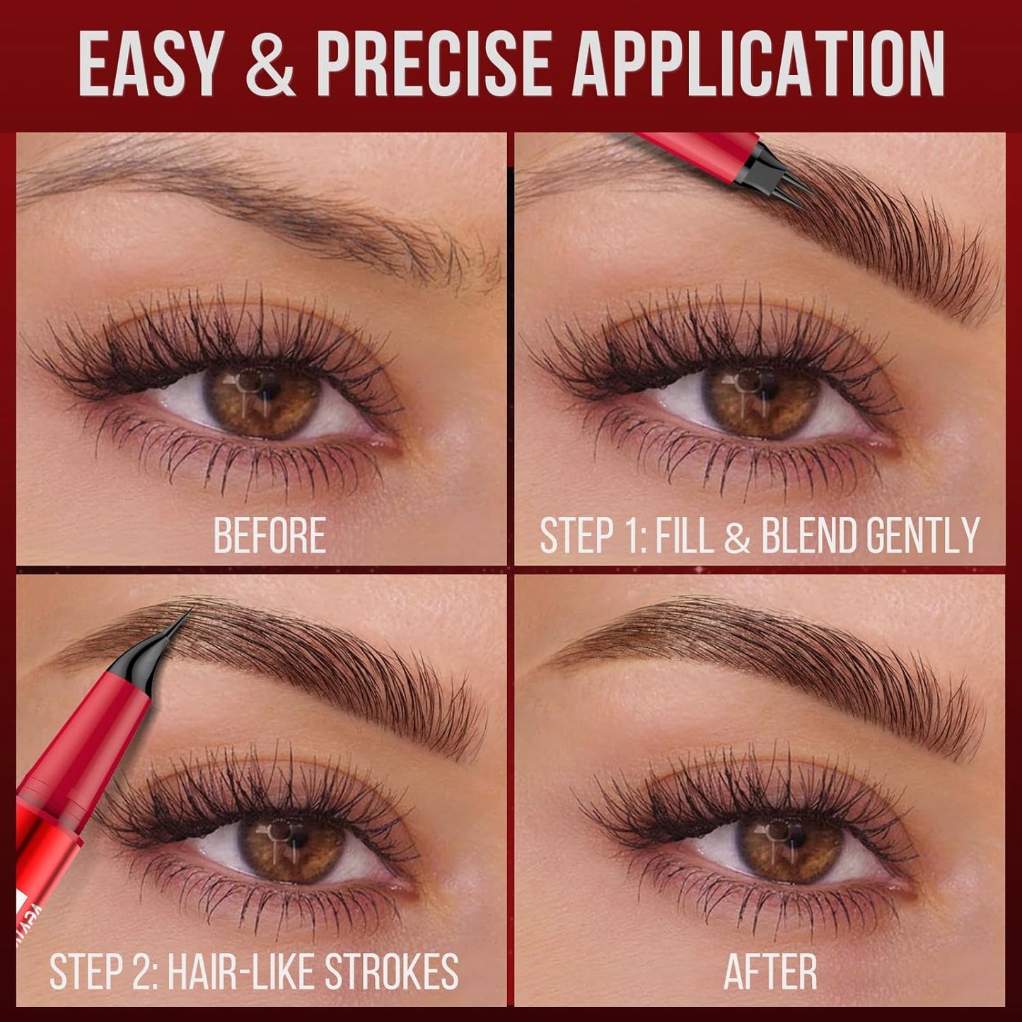 Vevivia Eyebrow Pencils for Women - Eyebrow Pen with Dual-Brush-Tip & Curved Tip for Natural Fuller-Looking Brows, Precise Hair-Like Strokes for All Brow Types, Last All-Day Brow Makeup, Brown