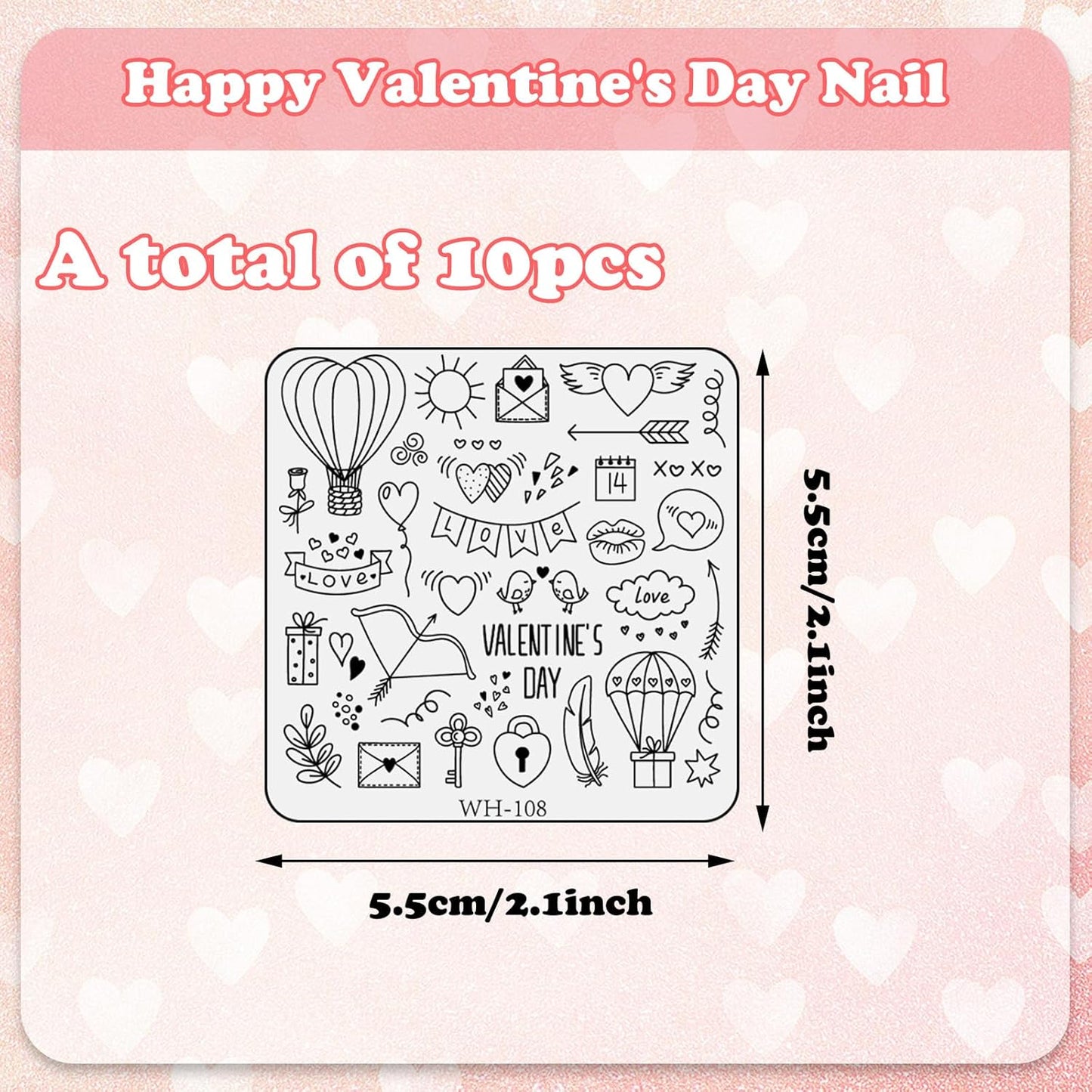 Whaline 10Pcs Valentine's Day Nail Art Stamping Plate Kit Romantic Love Heart Rose Design Nair Art Plate for Wedding Anniversary DIY Print Manicure Salon