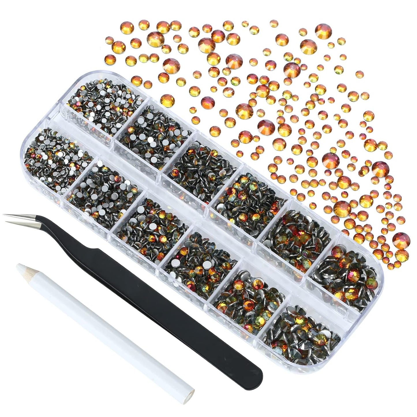 4240Pcs Red Flame Flatback Rhinestones 6 Sizes Crystal Diamonds for Nail Art Crafts Clothes Shoes with Tweezers and Picking Pen