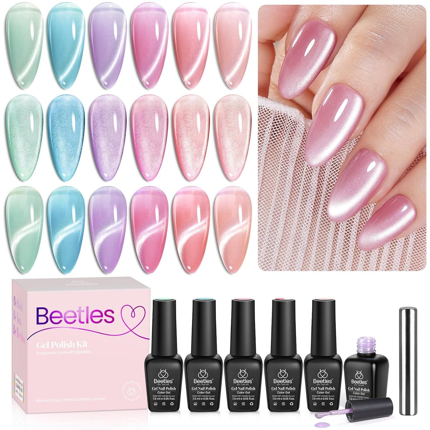 Beetles Cat Eye Gel Nail Polish Set, 6 Summer Colors Pastel Shimmer Glitter Gel Polish Kit Soak Off LED UV Curing Requires Pink Red Blue Orange Green Purple Velvet Gel with Magnet Gift for Women