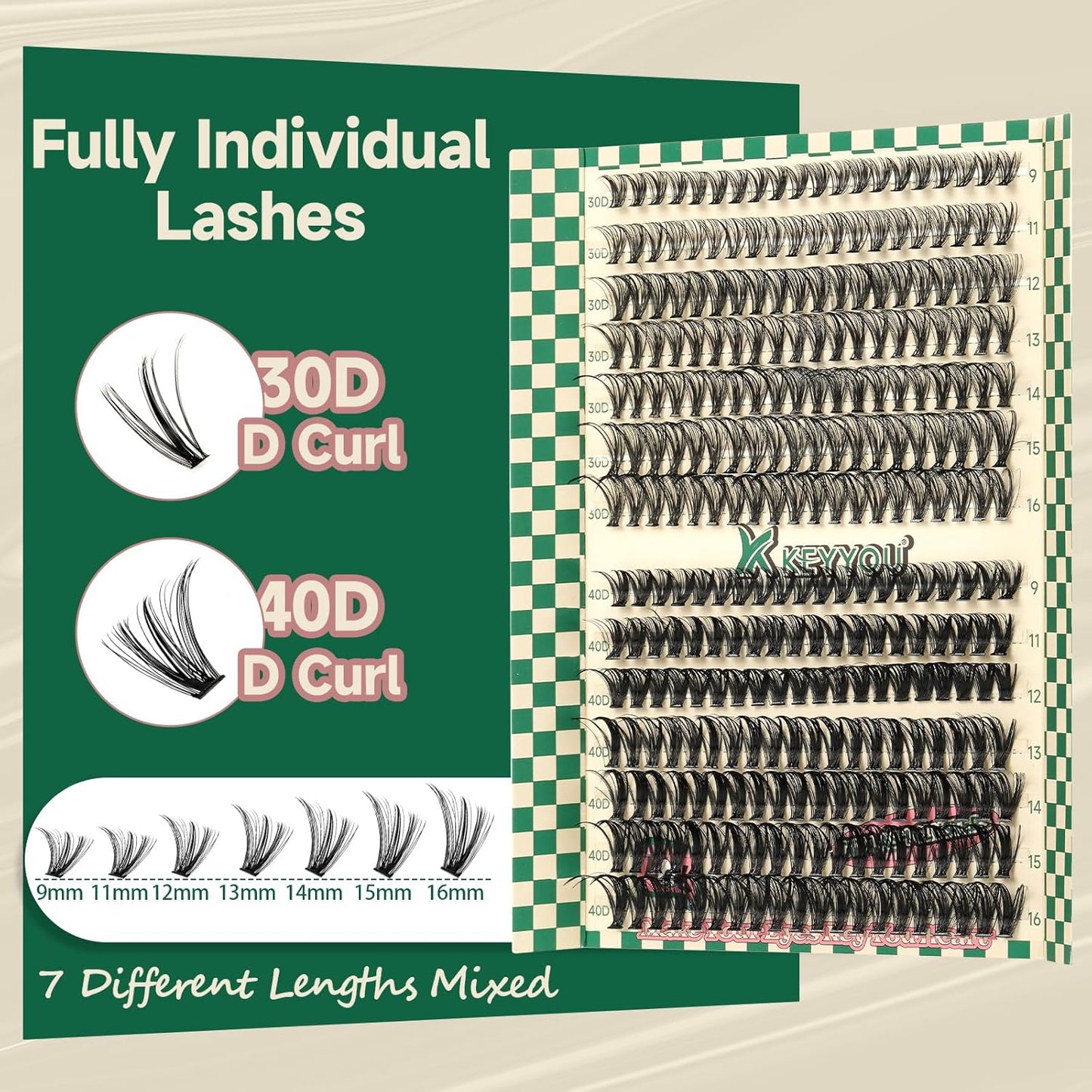 KEYYOU DIY Lash Extension Kit 280pcs Individual Lashes D Curl Eyelash Extension Kit 30D+40D 9-16Mix Lash Clusters with Lash Bond and Seal and Lash Applicator for DIY at Home(KIT-30D40D-0.07D-9-16MIX)