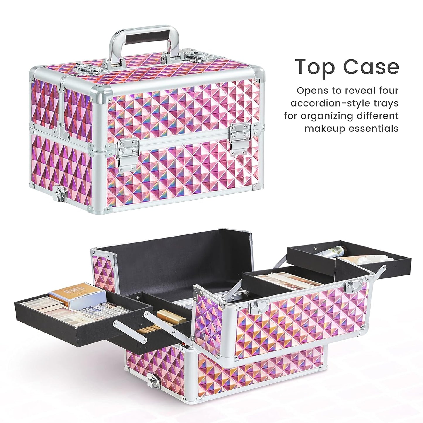 Yaheetech 4 in 1 Professional Makeup Train Case/Rolling Cosmetic Trolley/Makeup Case Organizer/Makeup Travel Case with 4 Detachable Swivel Wheels, Glitter Pink