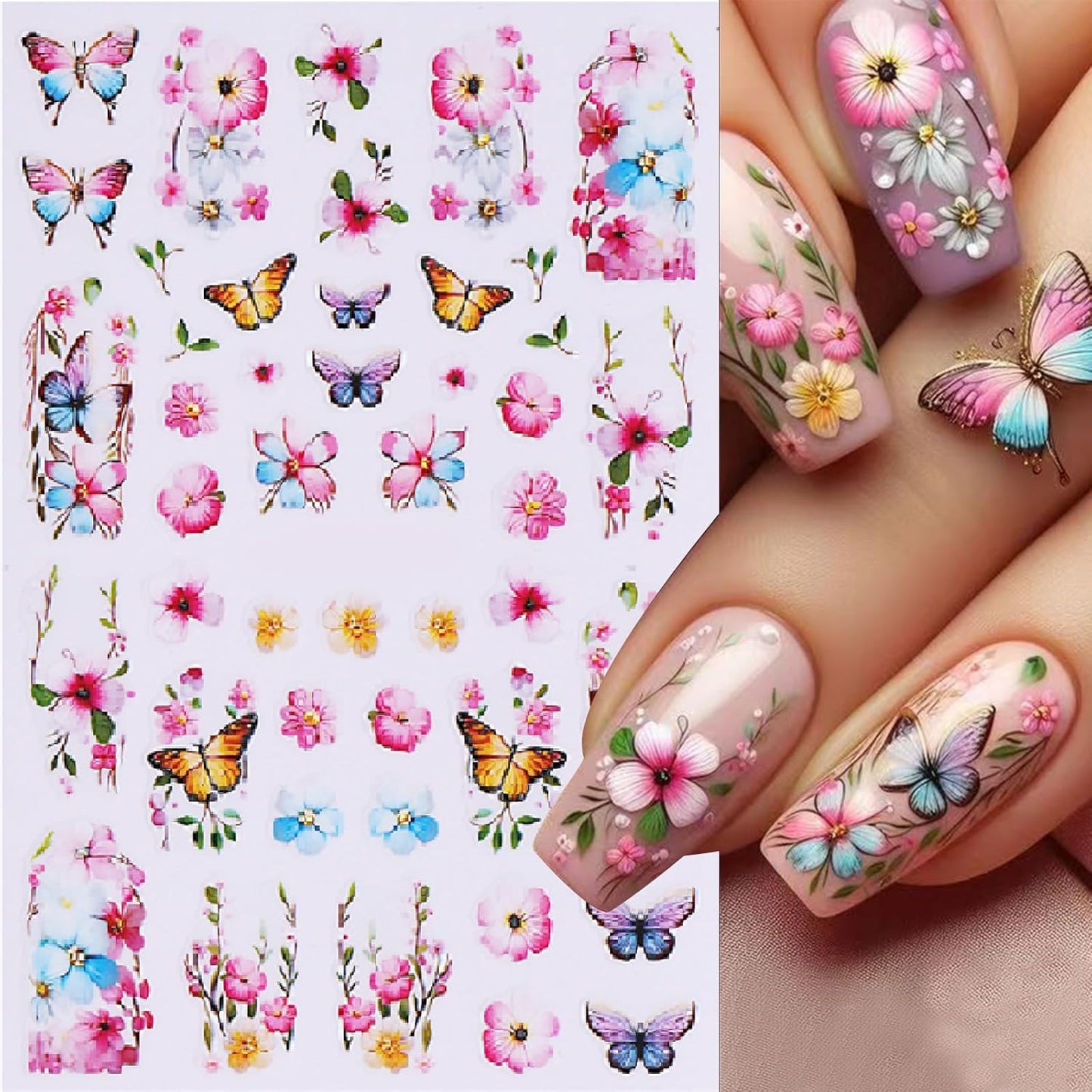 8 Sheets Spring Butterfly Nail Stickers Peach Blossom Nail Art Stickers 3D Self-Adhesive Nail Decals Colorful French Butterfly Petals Leaves Nail Design for Women Girls Spring Summer Nail Decoration