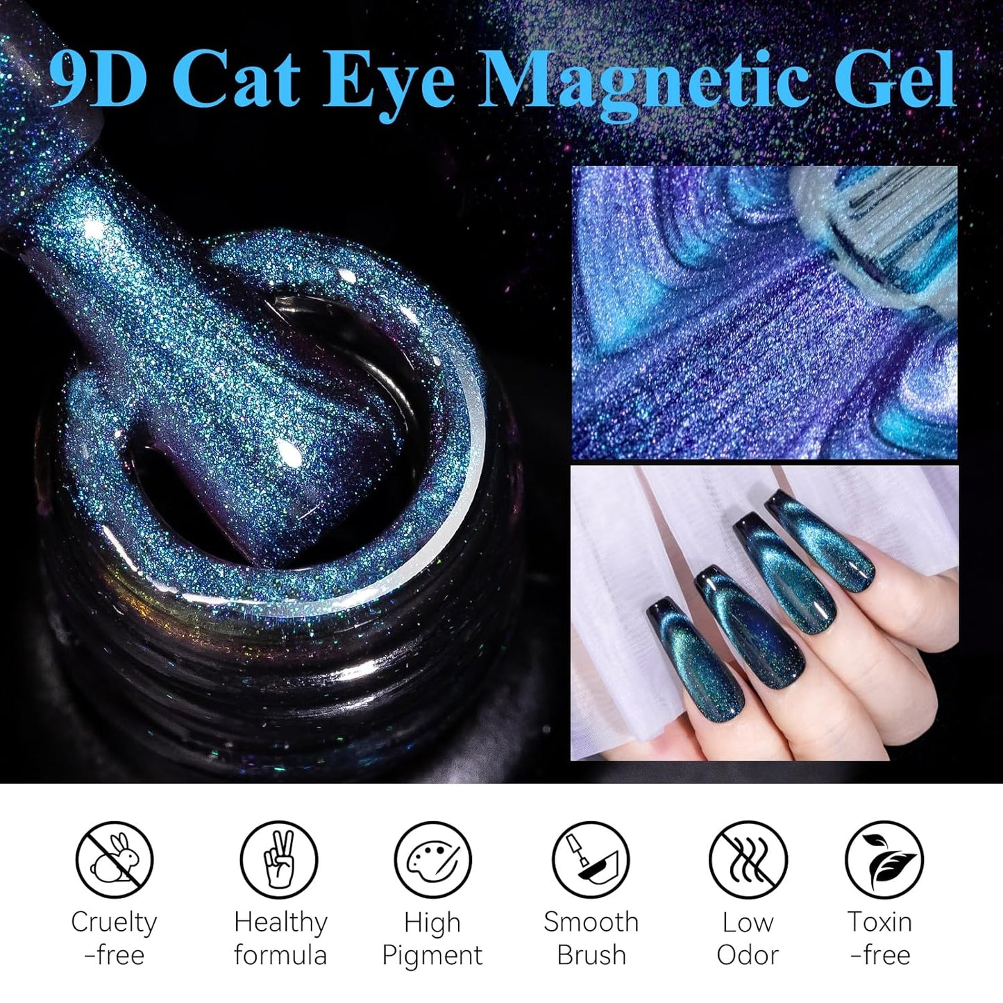 MIZHSE 9D Cat Eye Gel Nail Polish, Dual Colors Blue & Purple Magnetic Gel Polish with Magnet Stick, Magic Chameleon Galaxy Effect Holographic Glitter Silky Cat Eye Nail Polish Soak Off Nail Art Salon