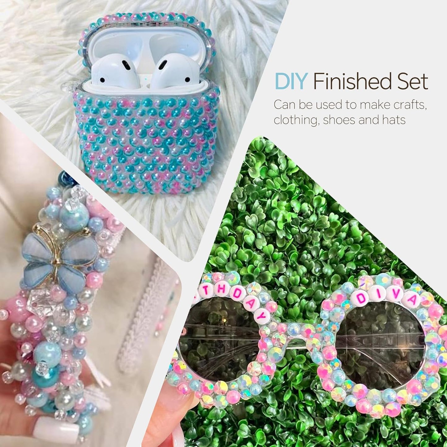 60g Cyan Citrine Pearl Rhinestones for Crafts Mixed Size 3mm-10mm AB Color Round Half Pearls Flatback Pearl Beads and Resin Rhinestones Set for Face Art with Gel