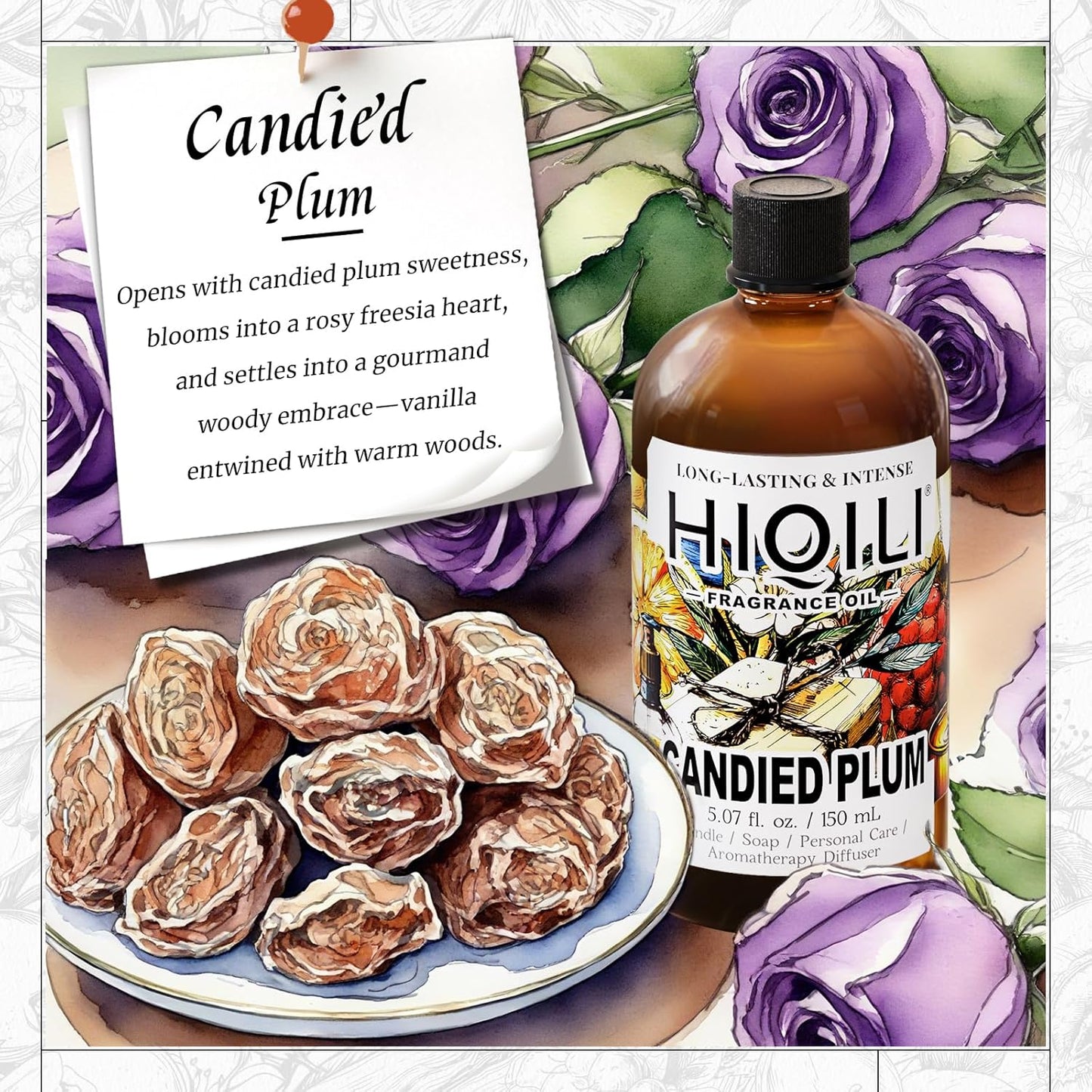 HIQILI Candied Plum Fragrance Oil for Diffuser, Candle & Soap Making, Personal Care Scenting, Gourmand Notes, Long-Lasting Scent - 5.07 Fl Oz