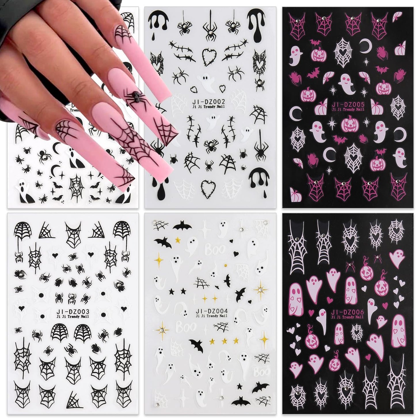 Gothic Nail Decals - 6 Sheets 3D Self-Adhesive Pumpkin Spider Web Wound Nail Stickers DIY Manicure Decoration