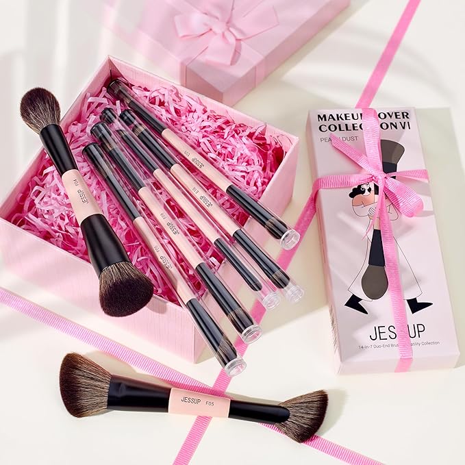 Jessup Makeup Brushes Set 7pcs Double Sided Makeup Brushes for Foundation Concealer Blush Eyeshadow Contour Bronzer Powder Blending Eyebrow Eyeliner, Cruelty-Free Make up Brushes Peach Dust T600