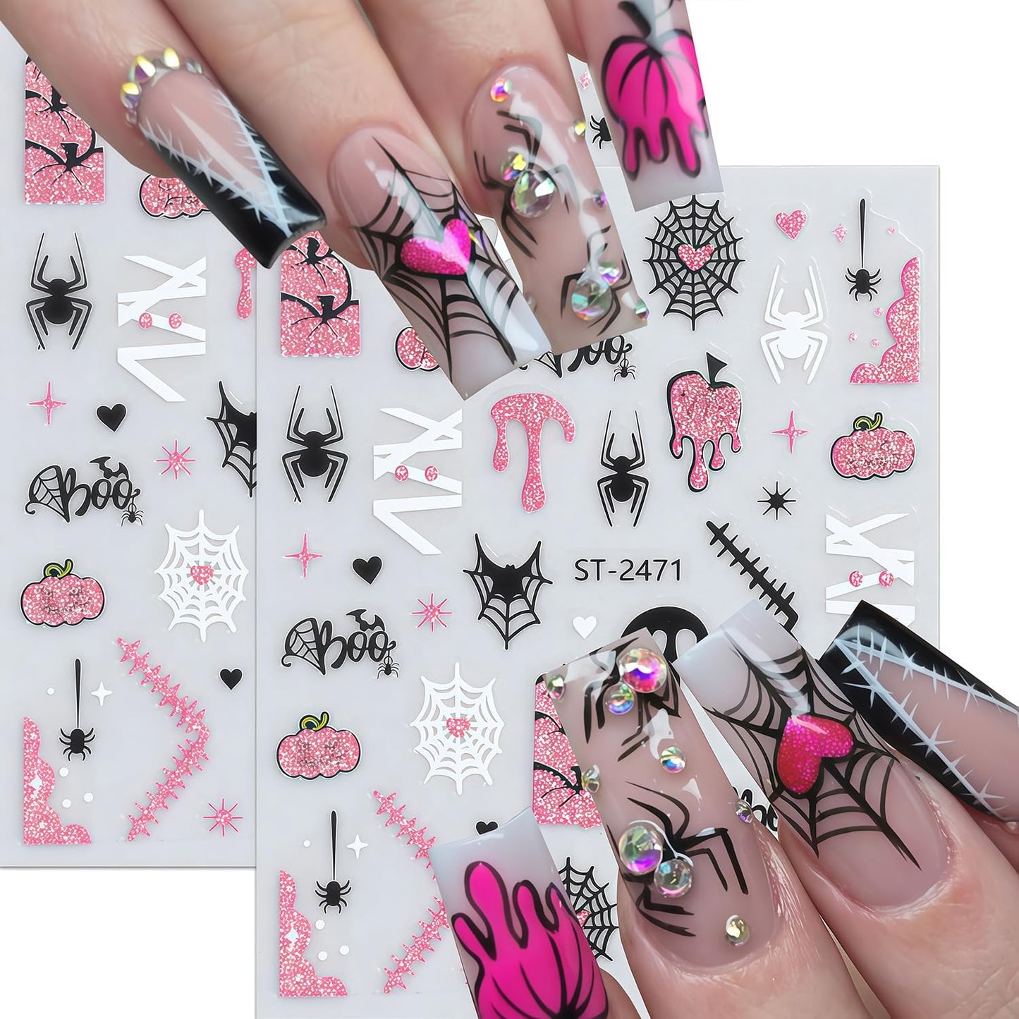 6 Sheets Halloween Nail Stickers for Nail Art 3D Self-Adhesive Pink Glitter and Black Spider Web Spider Pumpkin Bat Pattern Nail Art Stickers Holiday DIY Manicure Tips Nails Accessories for Women