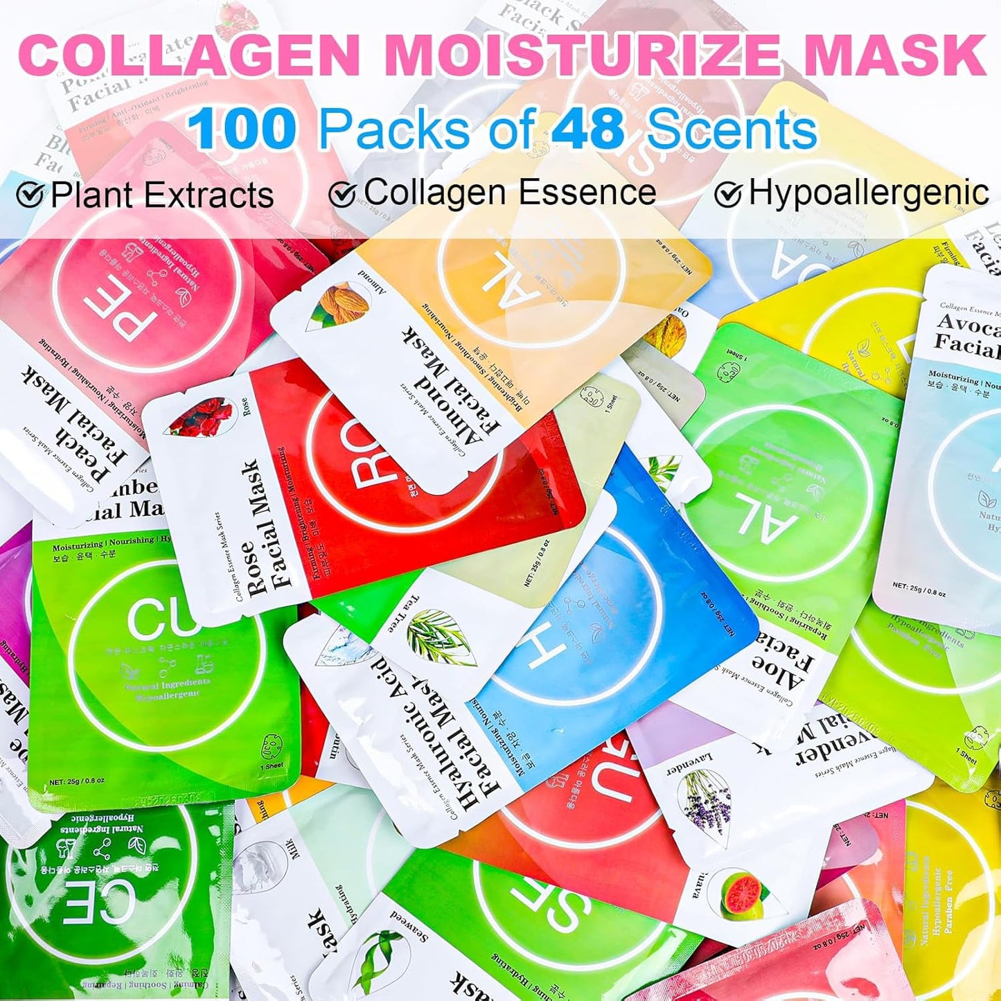 VESPRO 100 Pack Collagen Essence Sheet Facial Masks, Bulk Face Masks Skincare, Hydrating Face Masks for All Skin Types, Moisturizing and Soothing, Skin Care Spa Face Mask