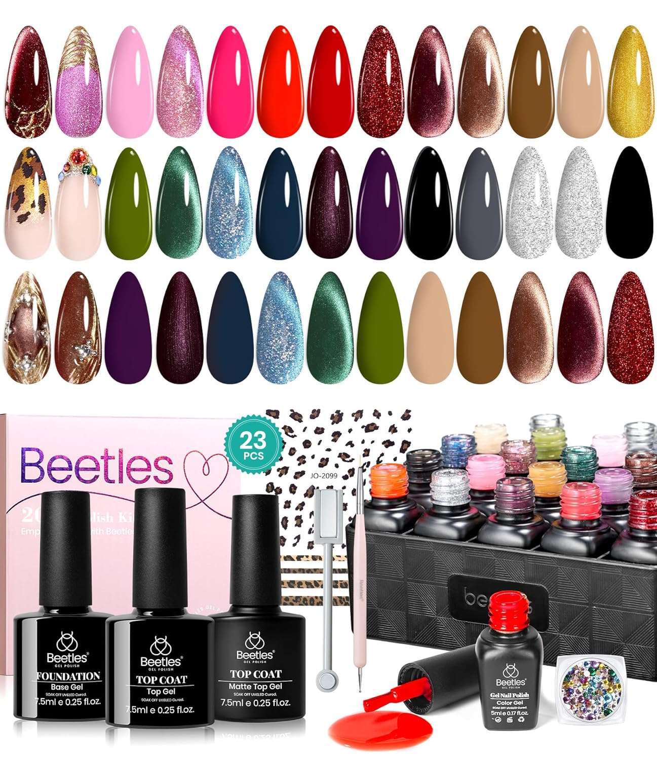 Beetles Fall Gel Polish Kit, Cat Eye Glitter 20 Colors Fall Brown Burgundy Gel Polish With Sticker Rhinestone Base Coat Glossy & Matte Top Coat Mob Wife Collection Winter Gifts for Women