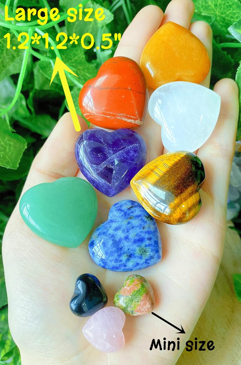 QINJIEJIE 7Pcs 7 Chakras 1.2" Heart Crystal Large Stone Rose Quartz Healing Crystals Love Polished Thumb Natural Palm Assorted Gemstones Reiki Energy Balancing Meditation Gift
