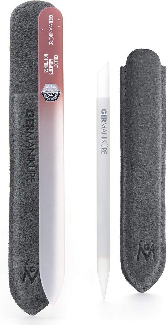 GERMANIKURE 2 Pc Glass Bundle - Crystal Glass Cuticle Stick & Collect Moments NOT Things Nail File Set in Suede Sleeves – Handmade in Czech Republic – Cuticle Pusher, Callous Remover, Fingernail File