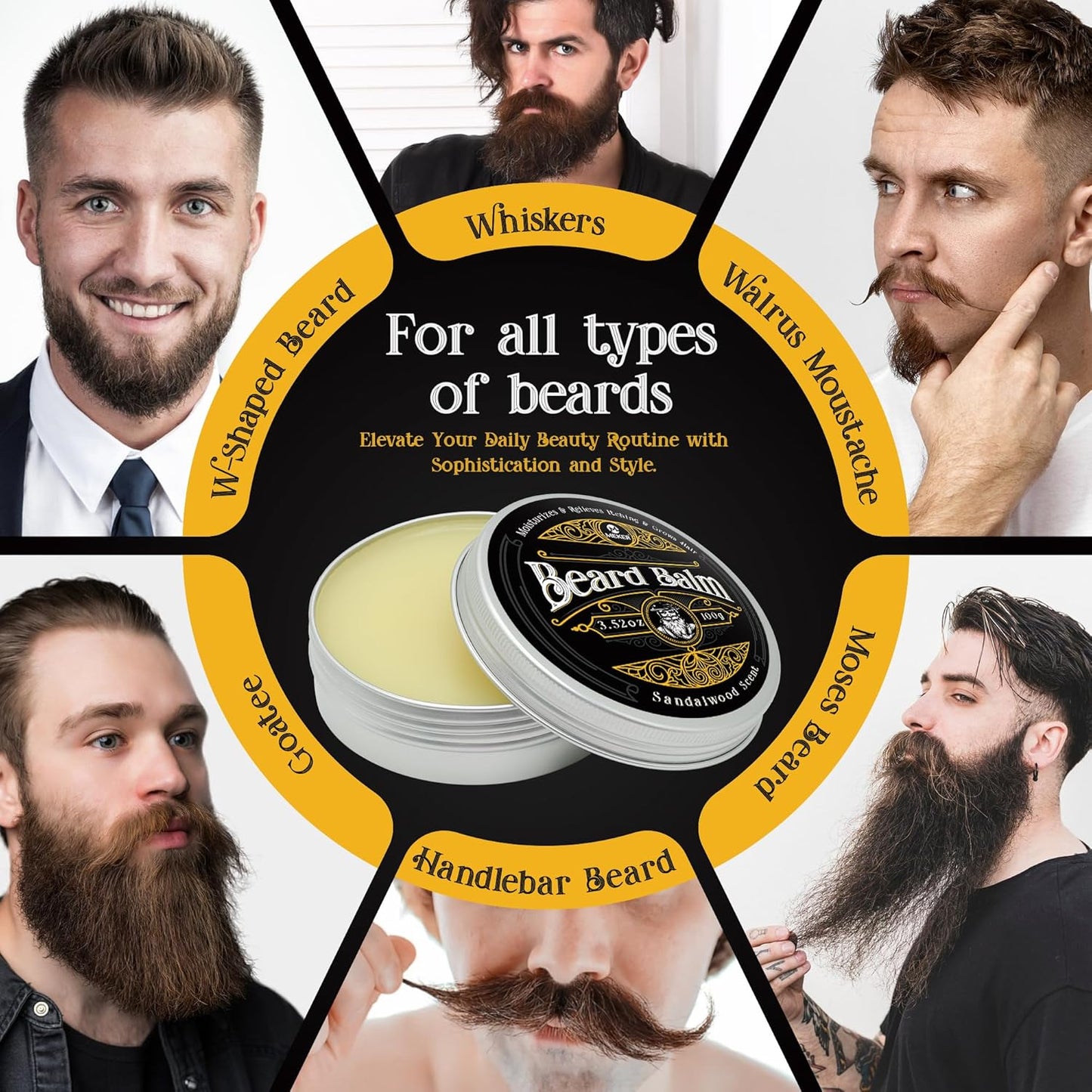 MEKER Beard Balm, Beard Softening Leave-in Balm with Brush, All-Natural Anti-Itch, Organic Beard Conditioner for Softening, Stops Itch, Grows, 7.04 OZ