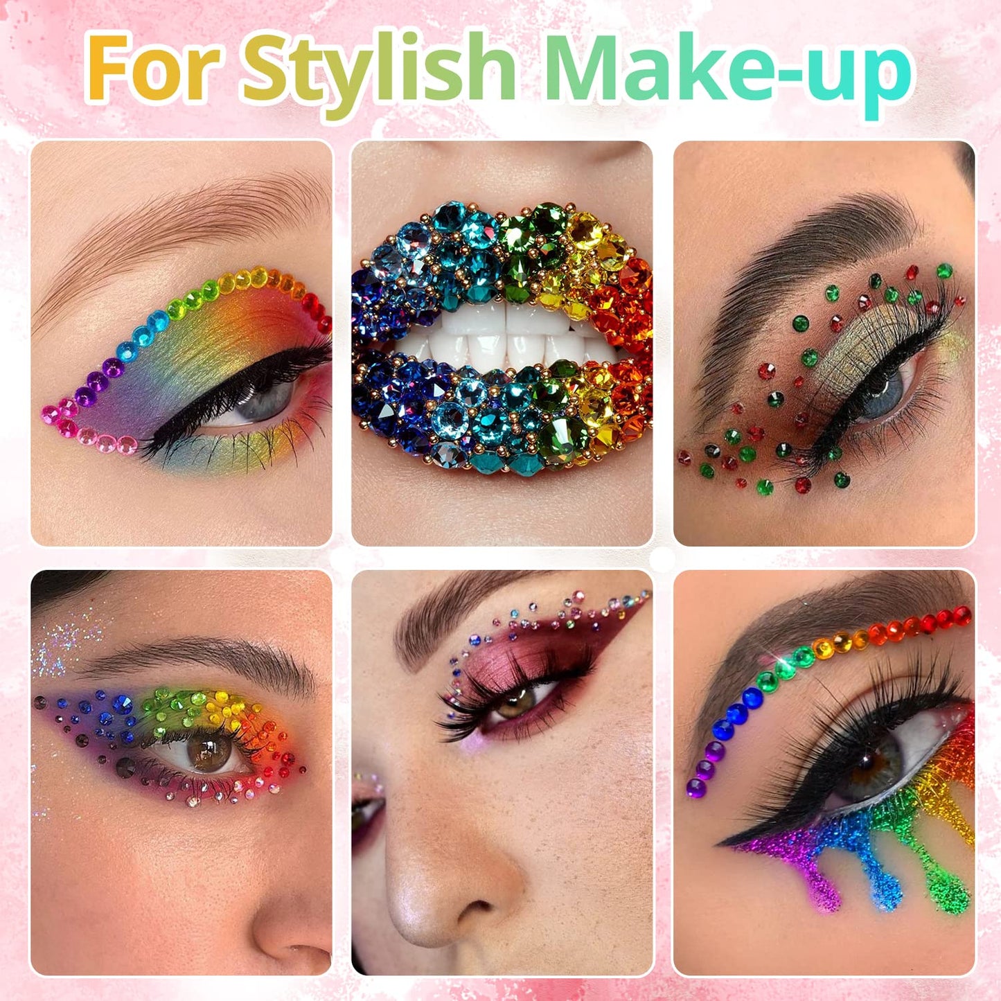 Round Flatback Face Gems Kit (Colorful) for Makeup with Quick Dry Glue + Brush + Tweezer, Nail Art Rhinestones Mixed Color Iridescent Chameleon Glass Crystal Beads for Make-up Deco