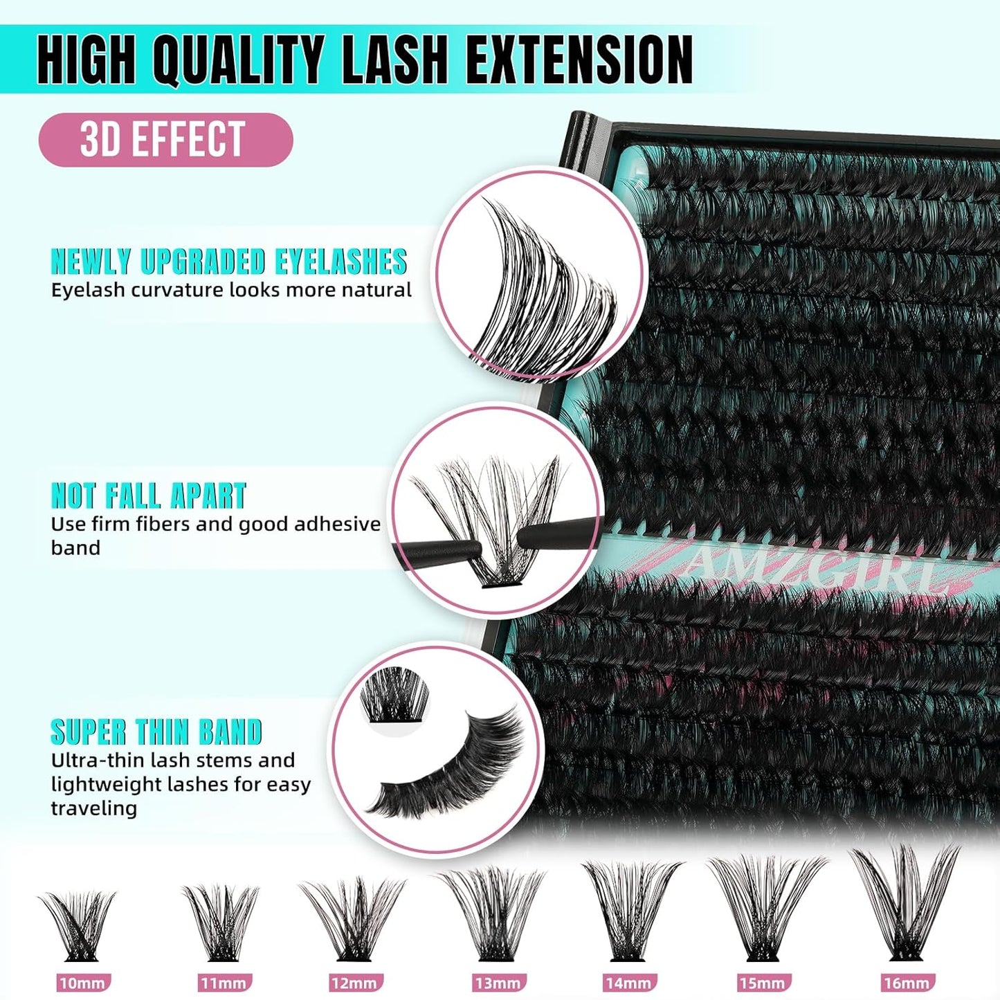 Lash Clusters Kit 320Pcs, 80 100D DIY Individual Extensions, Bond and Seal, Remover, Applicator Tool for False Eyelashes at Home (D-Mix10-16mm)