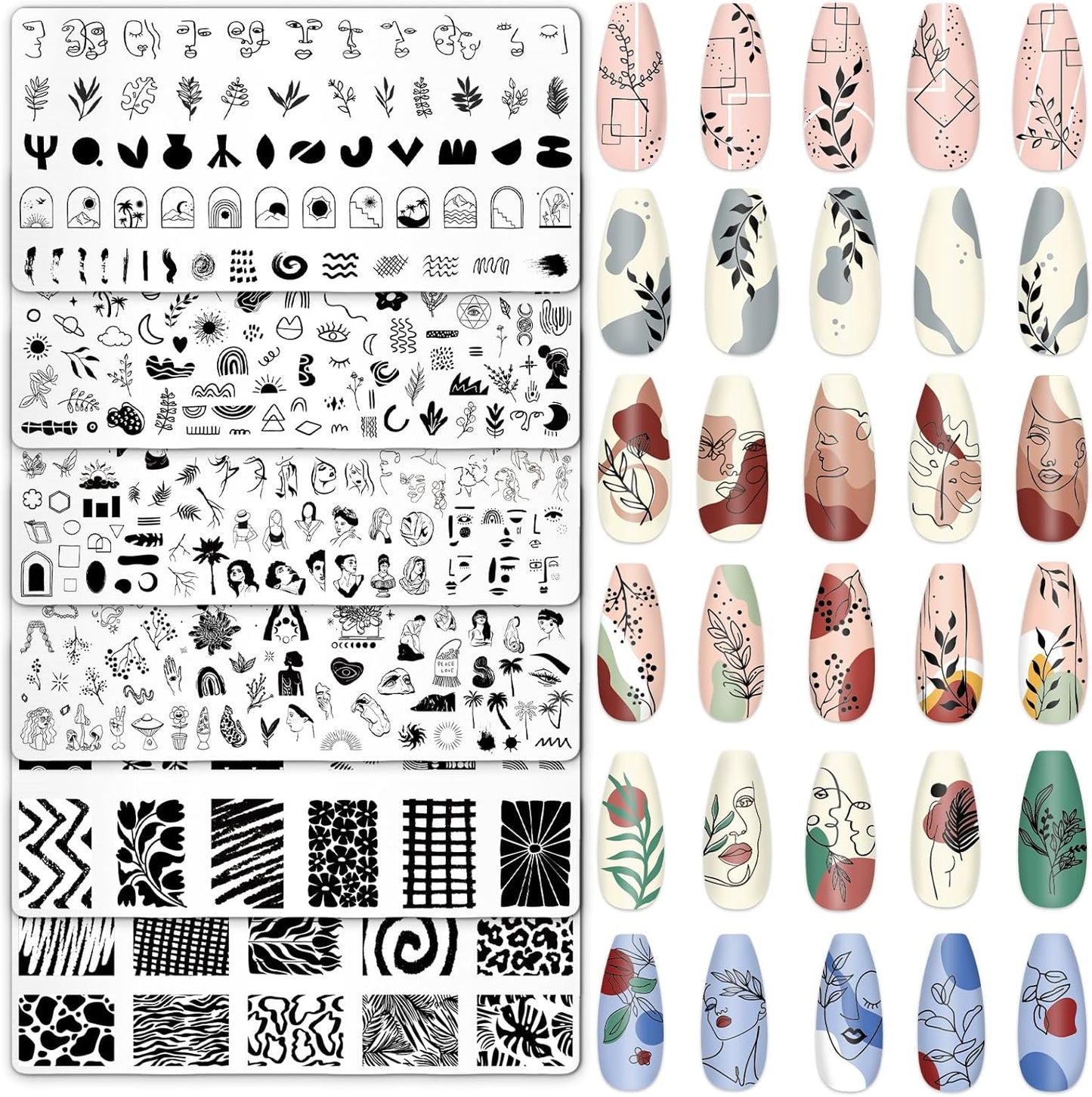 Whaline 6Pcs Abstract Lady Face Nail Plates Stamping Set Boho Plant Stamp Templates Nail Art Plates for DIY Print Manicure Salon Design Gift Supplies