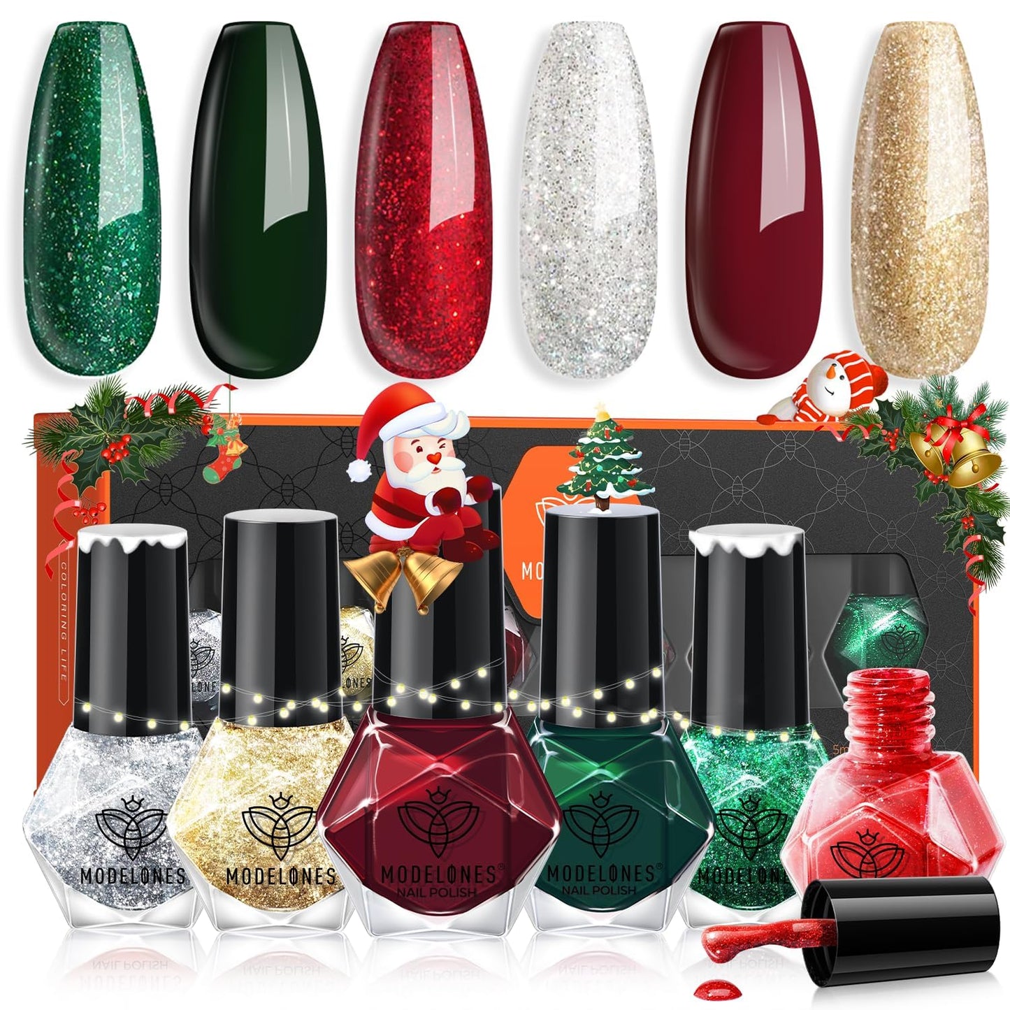 modelones Nail Polish Set 6 Colors Red Green Glitter Mini Nail polish Set Gold Silver Nail Polish Kit Quick Dry Manicure Nail Art Manicure DIY Home Salon Gift for Women Mom