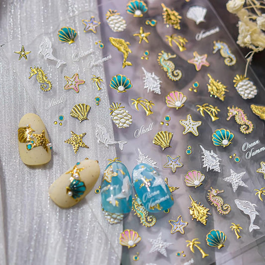1Pcs Summer Nail Stickers for Nail Art 5D Embossed Pineapple Conch Dolphin Shell Nail Art Sticker Golden Seahorse Nail Decals Coconut Tree Starfish Nails Stickers Ocean Beach Nails Design for Women