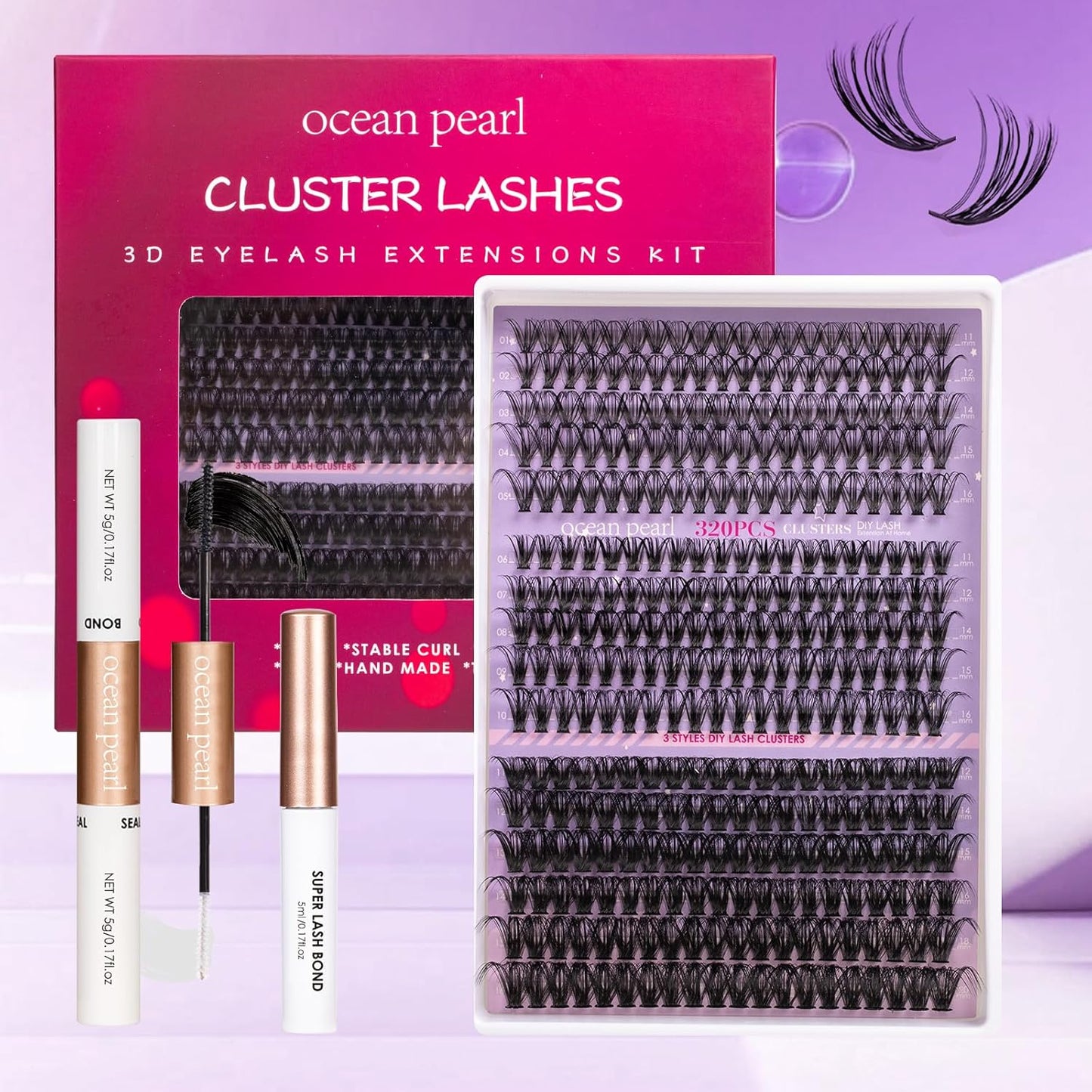 Ocean Pearl Lash Clusters 320PCS 11-20mm Lash Extension Kit 30D+40D+60D Eyelash Extension Kit Individual Lashes Thick Eyelash Clusters Lashes Clusters with Eyelashes Bond+Seal+Adhesive+Tweezer-60D
