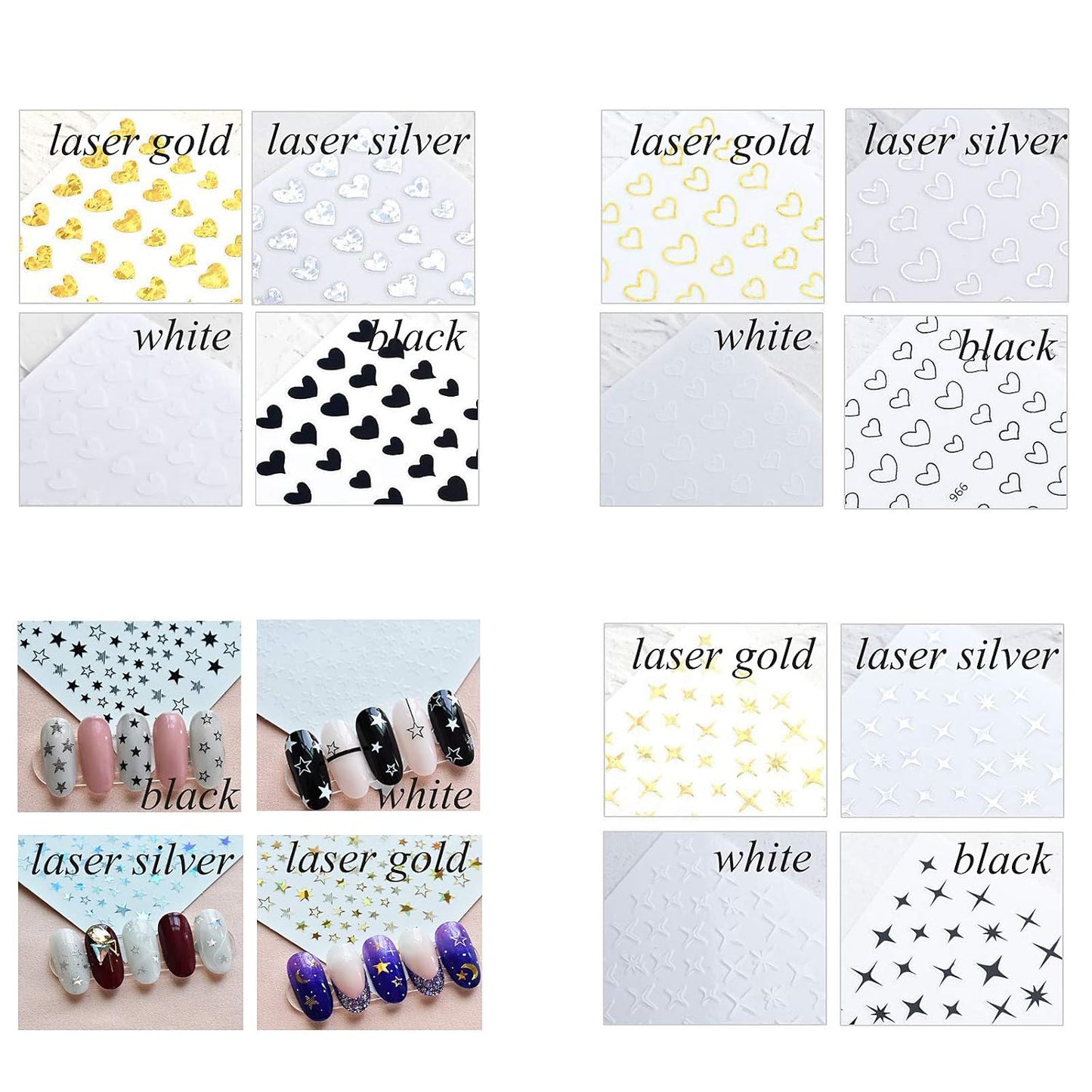 17 Large Sheets Nail Stickers Hearts Stars for Women Girls Kids - Self Adhesive Stars Hearts Nail Decals for Natural Fingernails and Acrylic Nails Nail Decor for Nail Art Design DIY Nail Decoration
