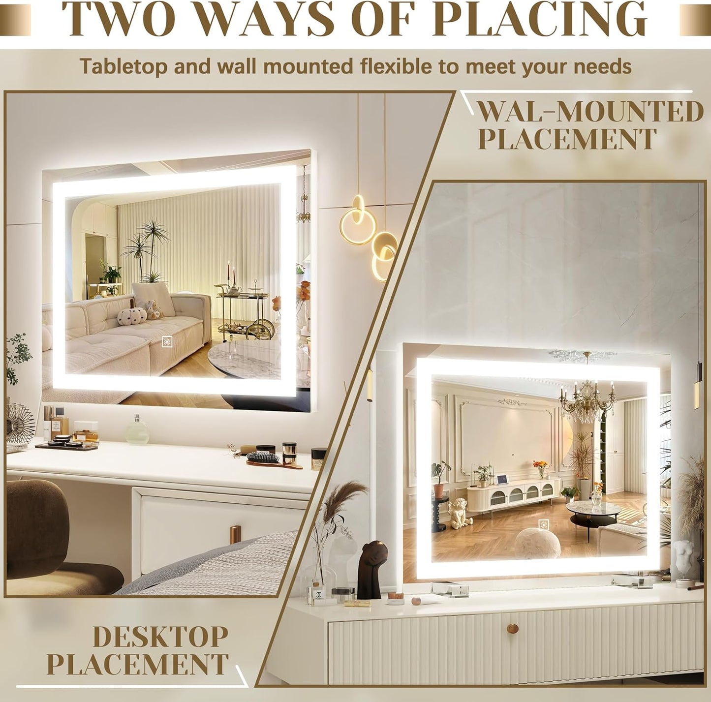 22x20 Inch Lighted Vanity Mirror, 3-Mode Touch Dimming LED Lighting, Large Makeup Mirror for Dressing Room, Tabletop or Wall-Mounted, White