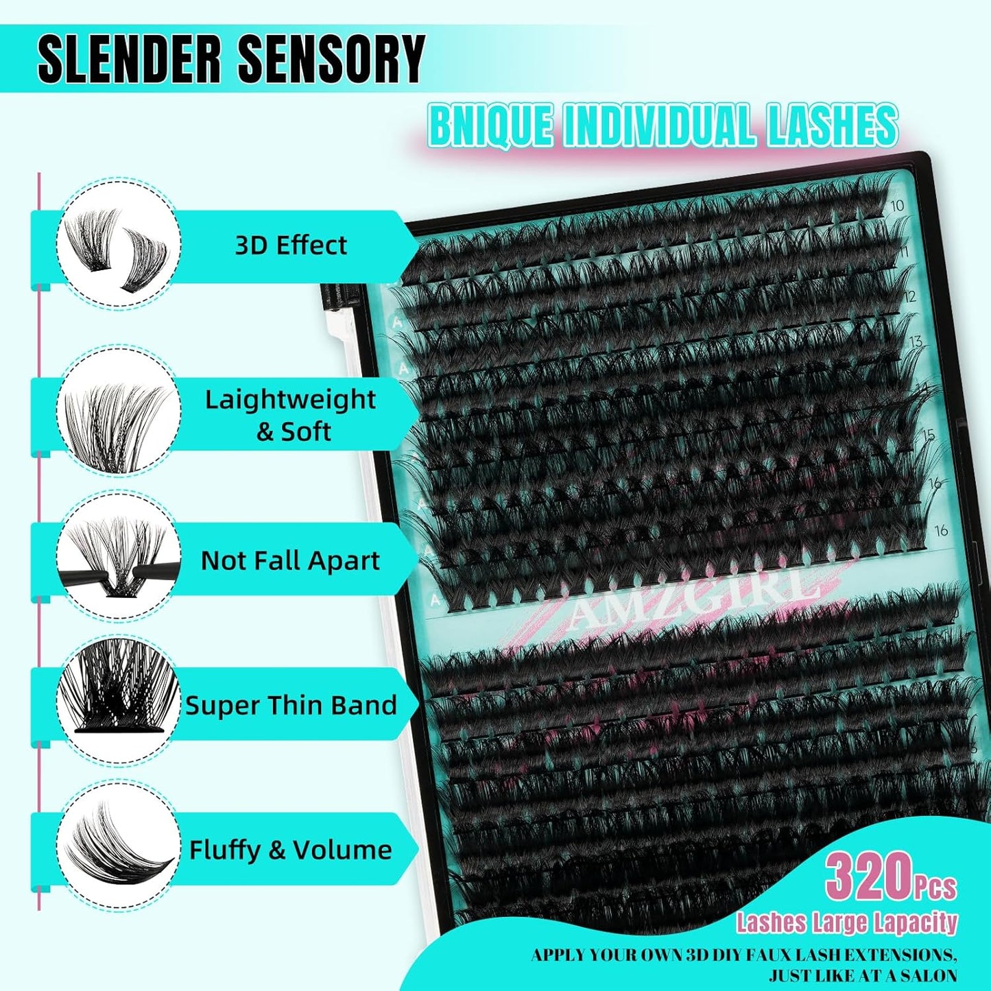 Lash Clusters Kit 320Pcs, 80 100D DIY Individual Extensions, Bond and Seal, Remover, Applicator Tool for False Eyelashes at Home (D-Mix10-16mm)