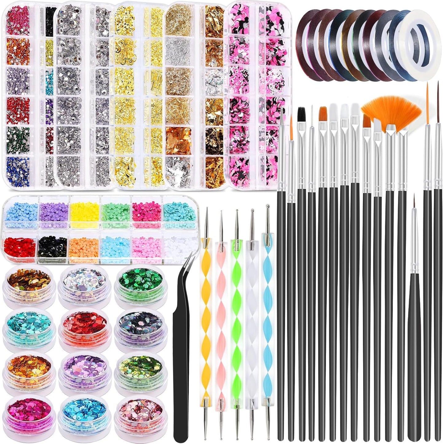 Nail Art Kit for Beginners with Nail Brushes Set and Dotting Tools, Jumbo Holographic Glitter Sequins 2-6mm Rhinestones 3D Colorful Flowers Metal Studs Striping Tape with Tweezers (04-Black)