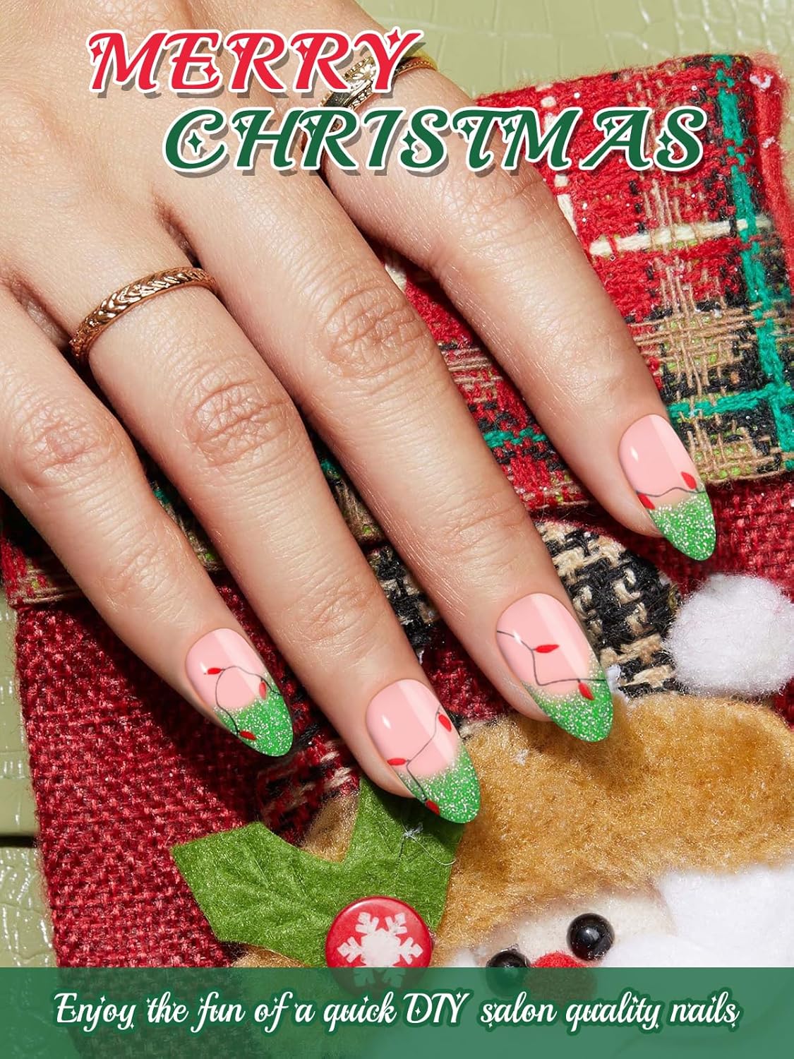 EBANKU 24pc Semi-Cured Gel Nail Strips, Waterproof Gel Nail Wrap Stickers with Christmas Lights Designs and File - UV/LED Lamp Required