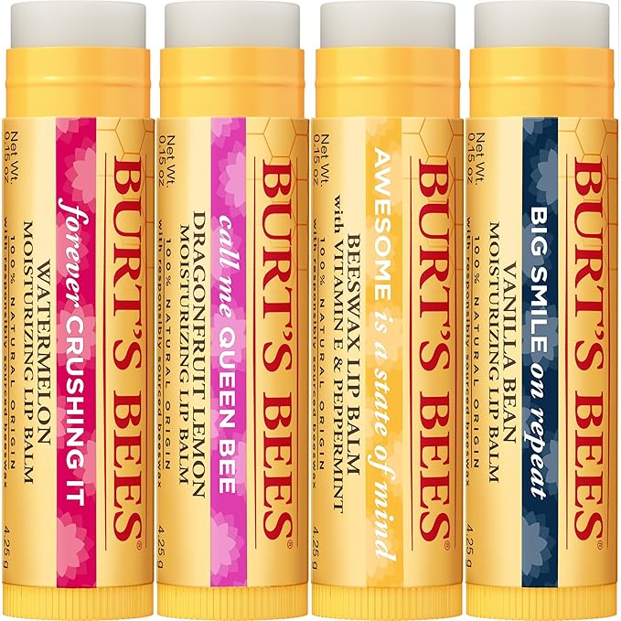 Burt's Bees Lip Balm, Moisturizing Lip Care, 100% Natural, Discover U - Original Beeswax, Watermelon, Dragonfruit Lemon & Vanilla (4 Pack)