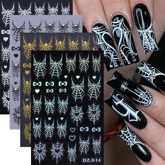 Halloween Nail Art Stickers Decals Metal Spider Web Nail Decals Rhinestone Design 4PCS 3D Self-Adhesive White Laser Black Gold Spiderweb Nail Slider Sticker Holiday DIY Manicure Supplies for Women