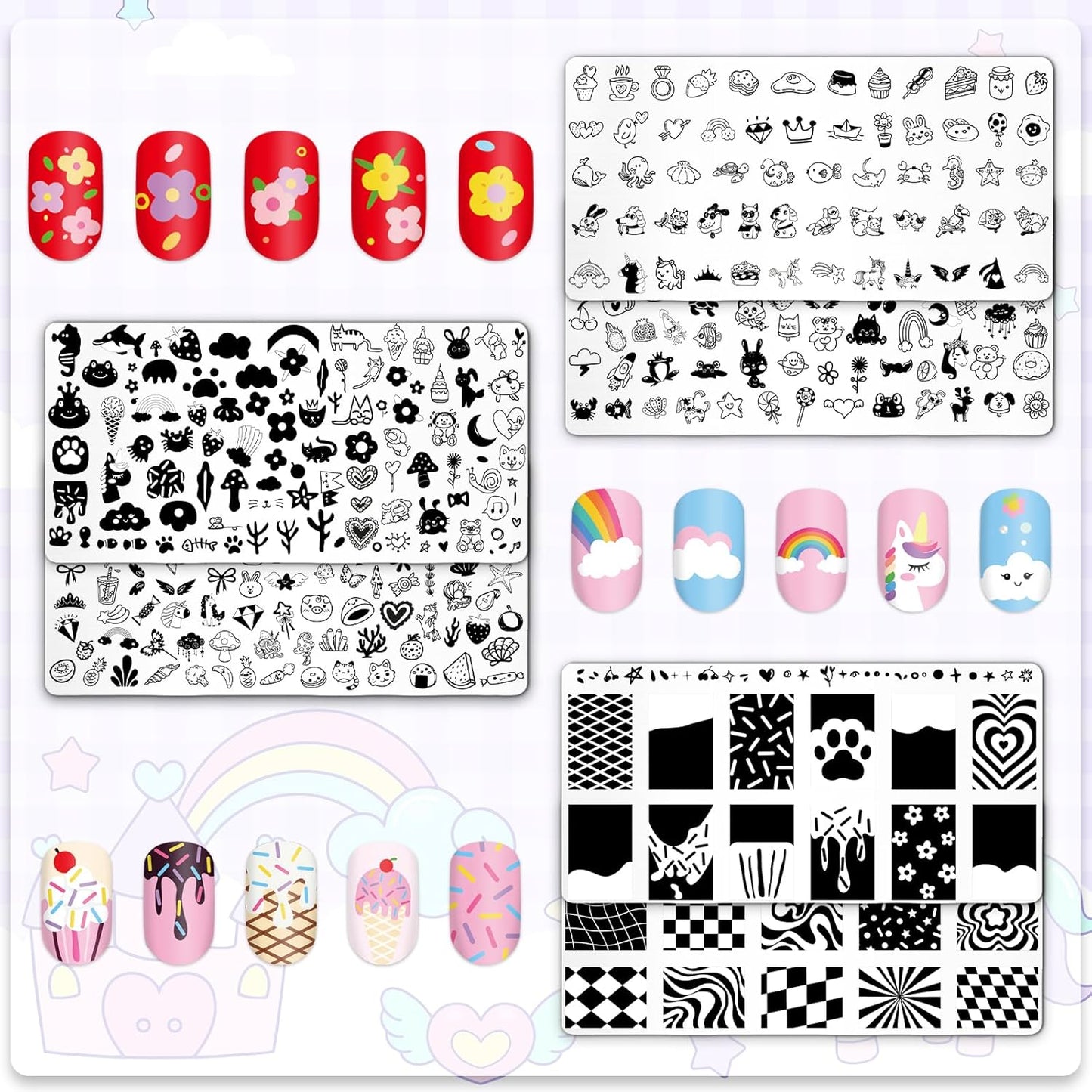 Whaline 6Pcs Kids Nail Plates Stamping Set Cute Animal Floral Dessert Stamp Templates Nail Art Plates for DIY Print Manicure Salon Design