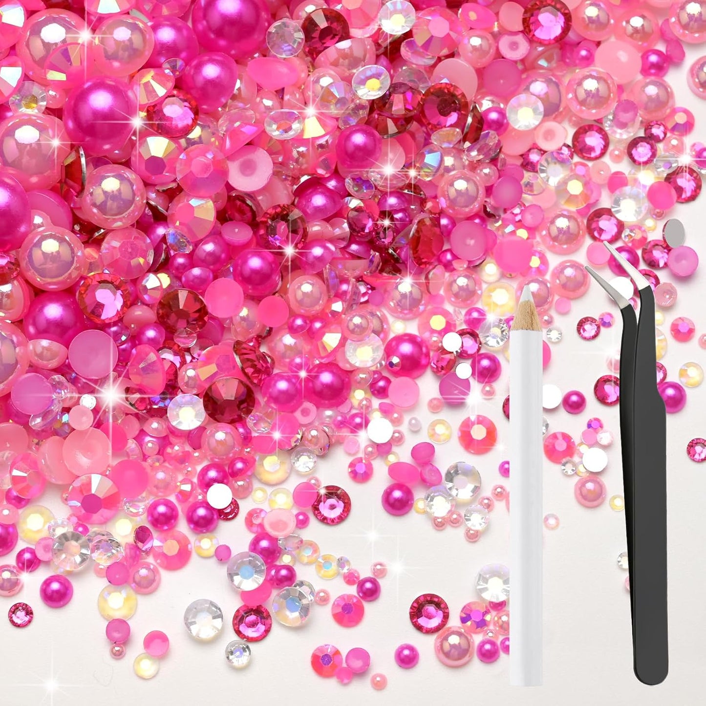 80g Mix Flatback Pearls and Rhinestones for Crafts Pink Mixed Size 2mm-10mm Half Round Pearls Rhinestones for Nail Art Tumblers Shoes DIY Bedazzling with Tweezers Wax Pen