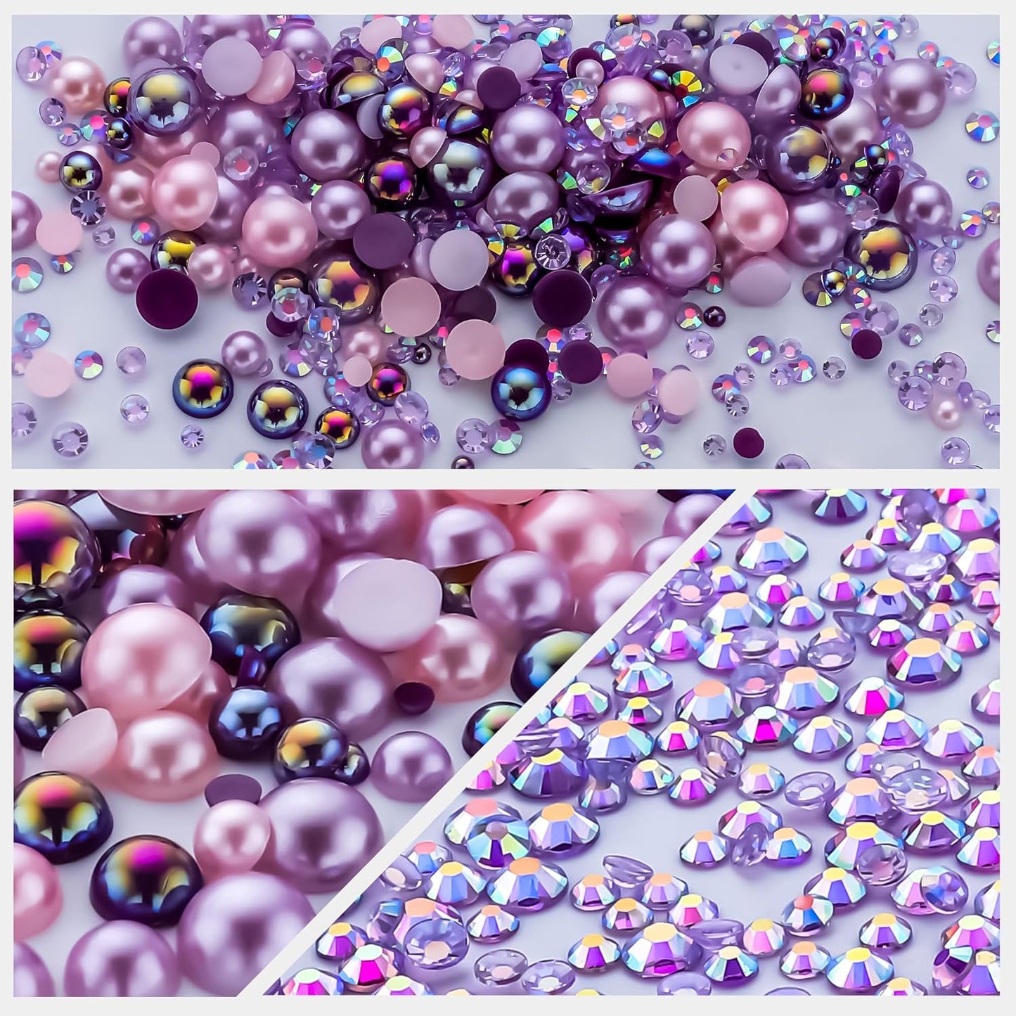 60g Light Amethyst Pearls Rhinestones for Crafts Mixed Size 3mm-10mm AB Color Round Half Pearls Flatback Pearl Beads and Resin Rhinestones Set for Face Art with Gel Gel