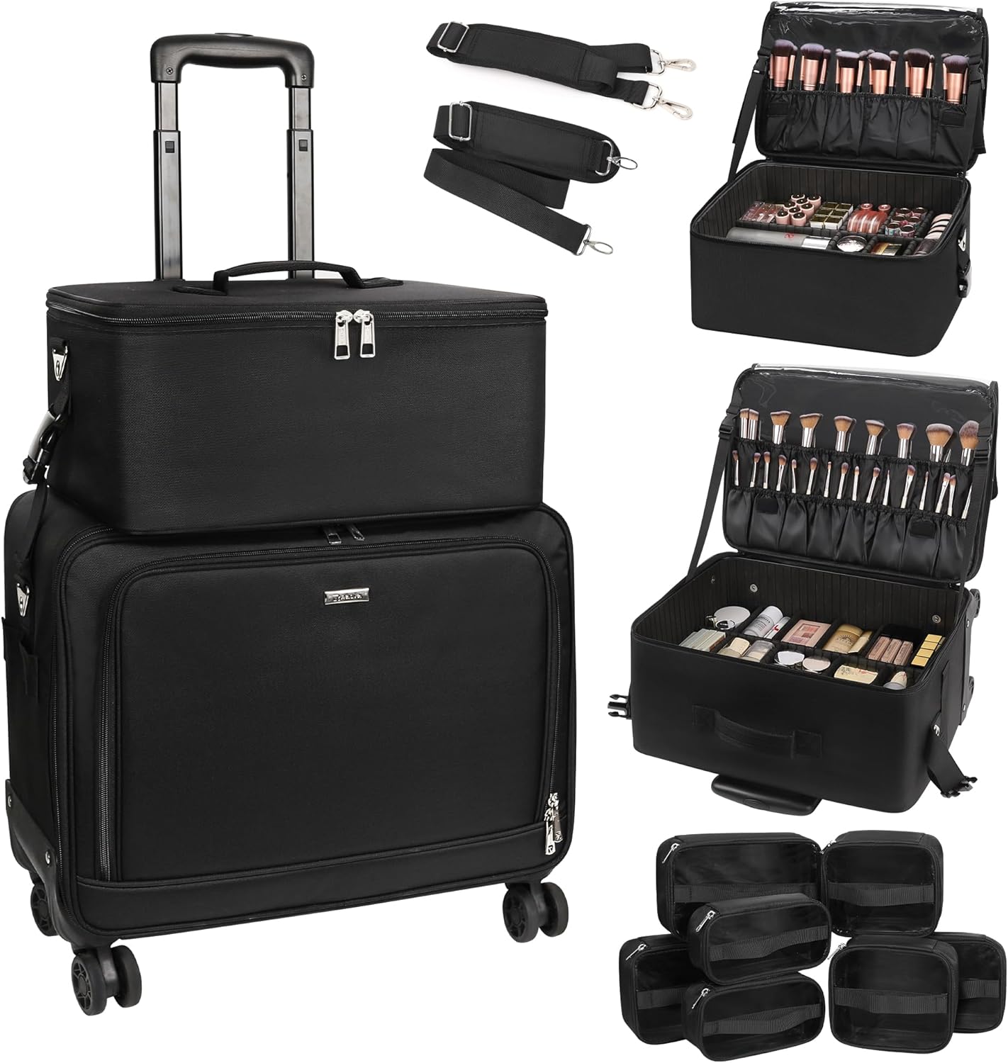 Rolling Makeup Bag Professional Makeup Artist Bags 2 in 1 Cosmetics Case Extra Large Trolley Travel Case with 360° Swivel Wheels and Adjustable Dividers
