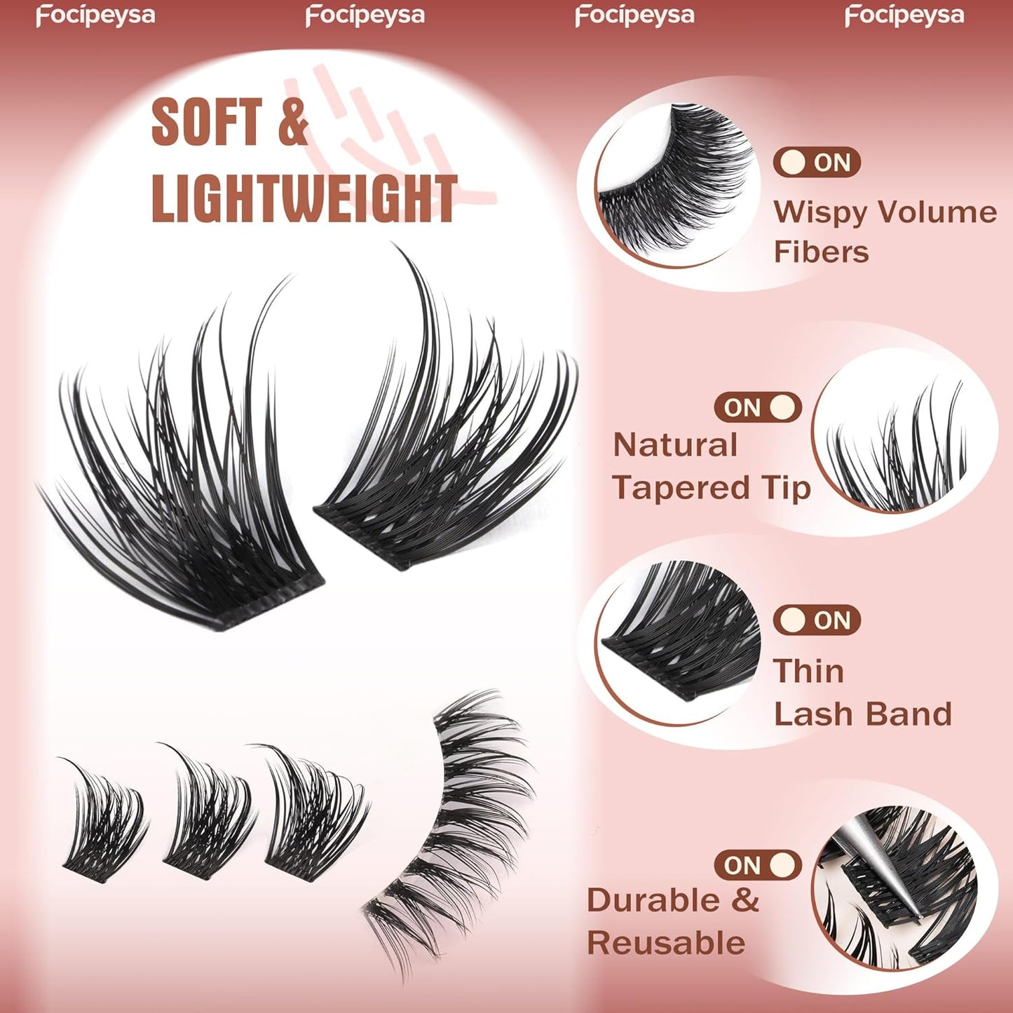 Focipeysa Volume Lash Clusters Wispy Eyelashes Extensions 10-16mm Cluster Lash Extensions C-Curl Lashes Extensions with Bottom Lashes Salon Effect Individual Eyelash DIY Eyelashes Clusters at Home