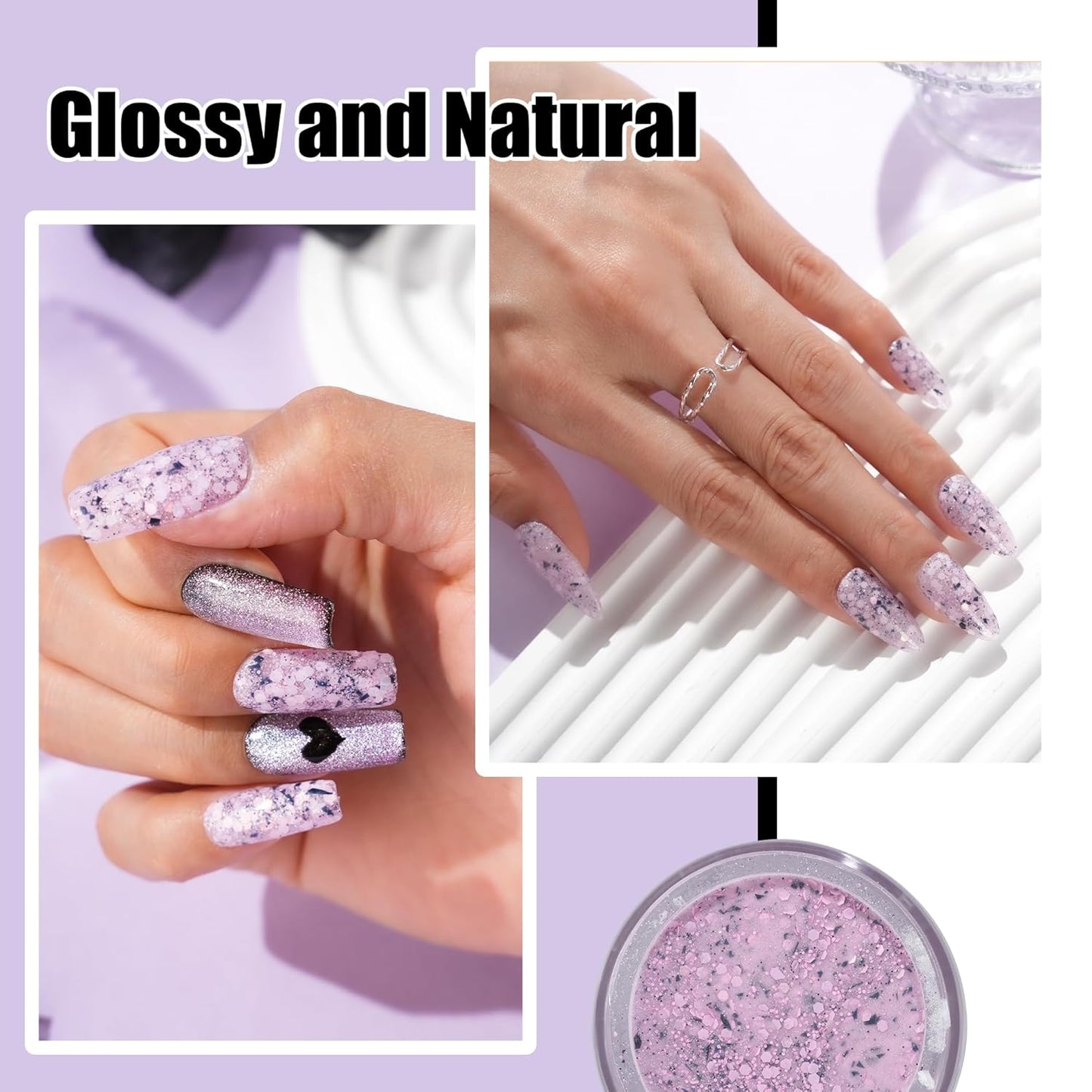 Lavender Glitter Dip Powder, Nail Dipping Powder 1 Oz/28g Purple Colors with Platinum foil for DIY Manicure Salon at Home Easy to Use for Women gift No Needed Nail Lamp Curing