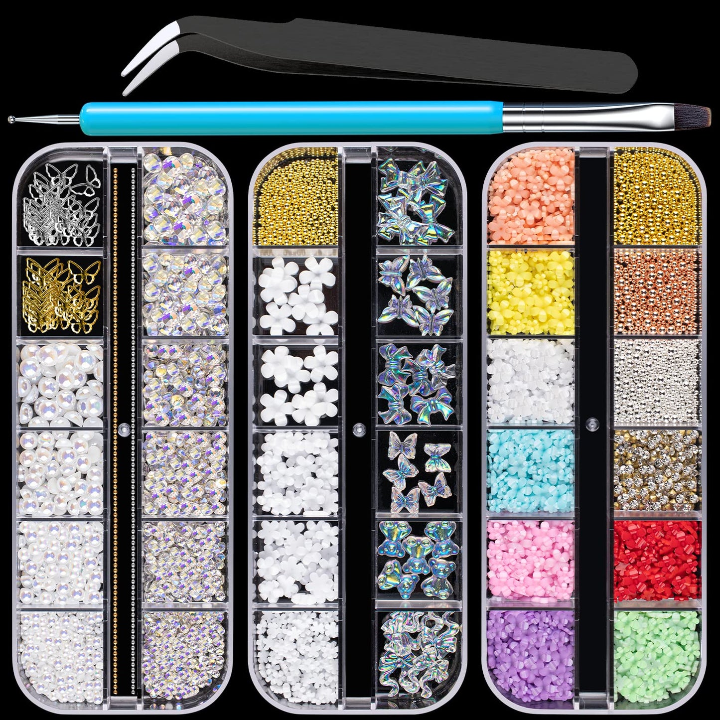 Mixed 3D Nail Art Gem Decoration Accessories Kit #2, Aurora Bear Bow Butterfly Starry AB Rhinestone Charm Jewelry for Deco, Pearl Flower Caviar Bead Stone Crystal with Dual-End Brush and Tweezer
