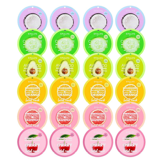 SpaLife Beauty Fruit Facial Sheet Masks 24 Pack – Face Masks Skincare Set – Hydrating Face Masks – 6 Natural Fruit Extract Formulas – Orange, Grapefruit, Coconut, Cherry, Avocado, Cucumber