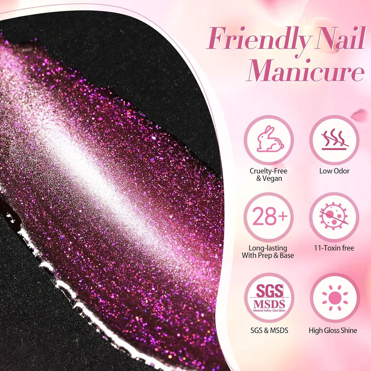 BORN PRETTY Cat Magnetic Eye Gel Nail Polish, Pink Glitter Cat Magnetic Gel Nail Polish, Midnight Rose Magnetic Nail Polish for Nail Art Manicure Salon DIY at Home 15ML