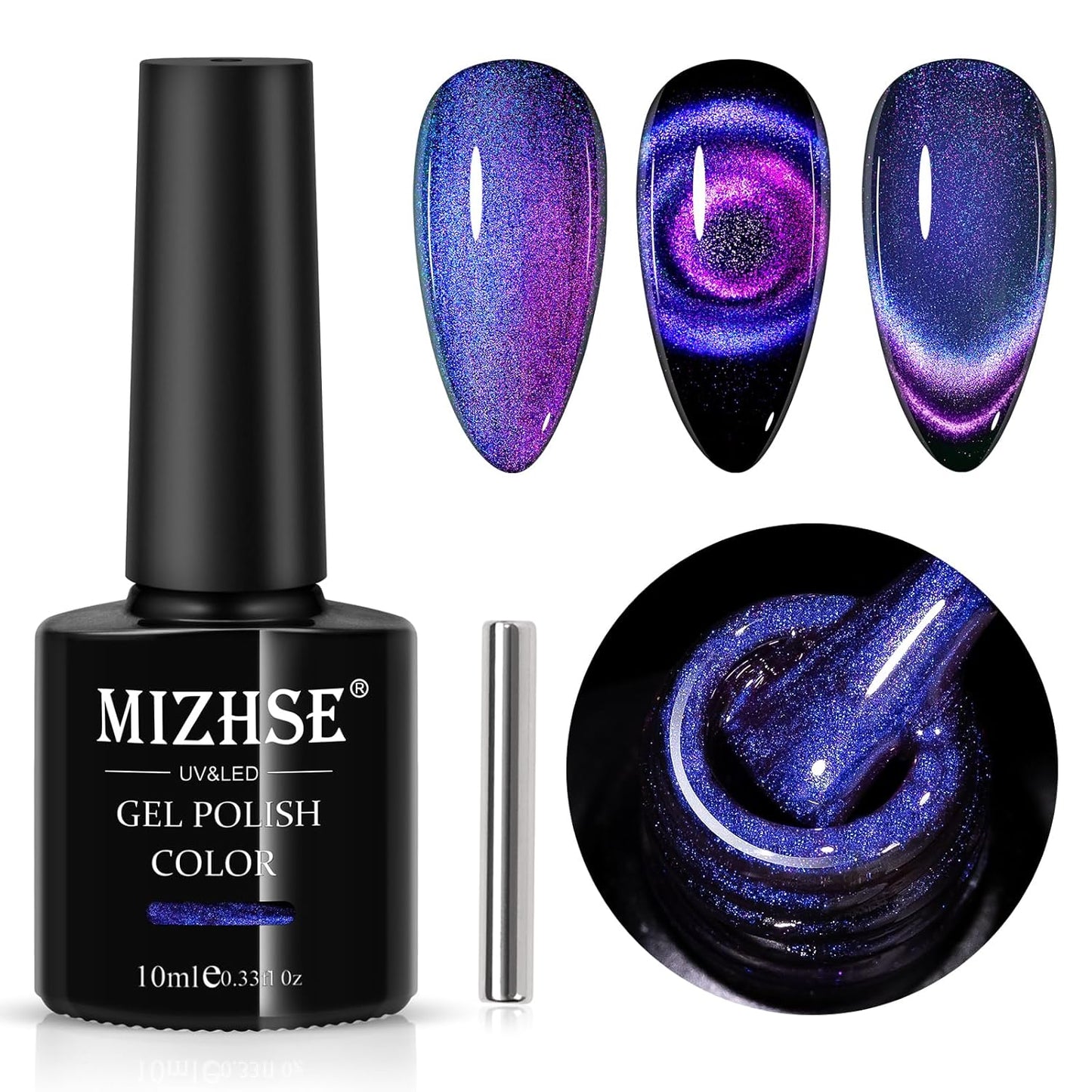 MIZHSE 9D Cat Eye Gel Nail Polish, Dual Colors Purple & Pink Magnetic Gel Polish with Magnet Stick, Magic Chameleon Galaxy Effect Holographic Glitter Silky Cat Eye Nail Polish Soak Off Nail Art Salon