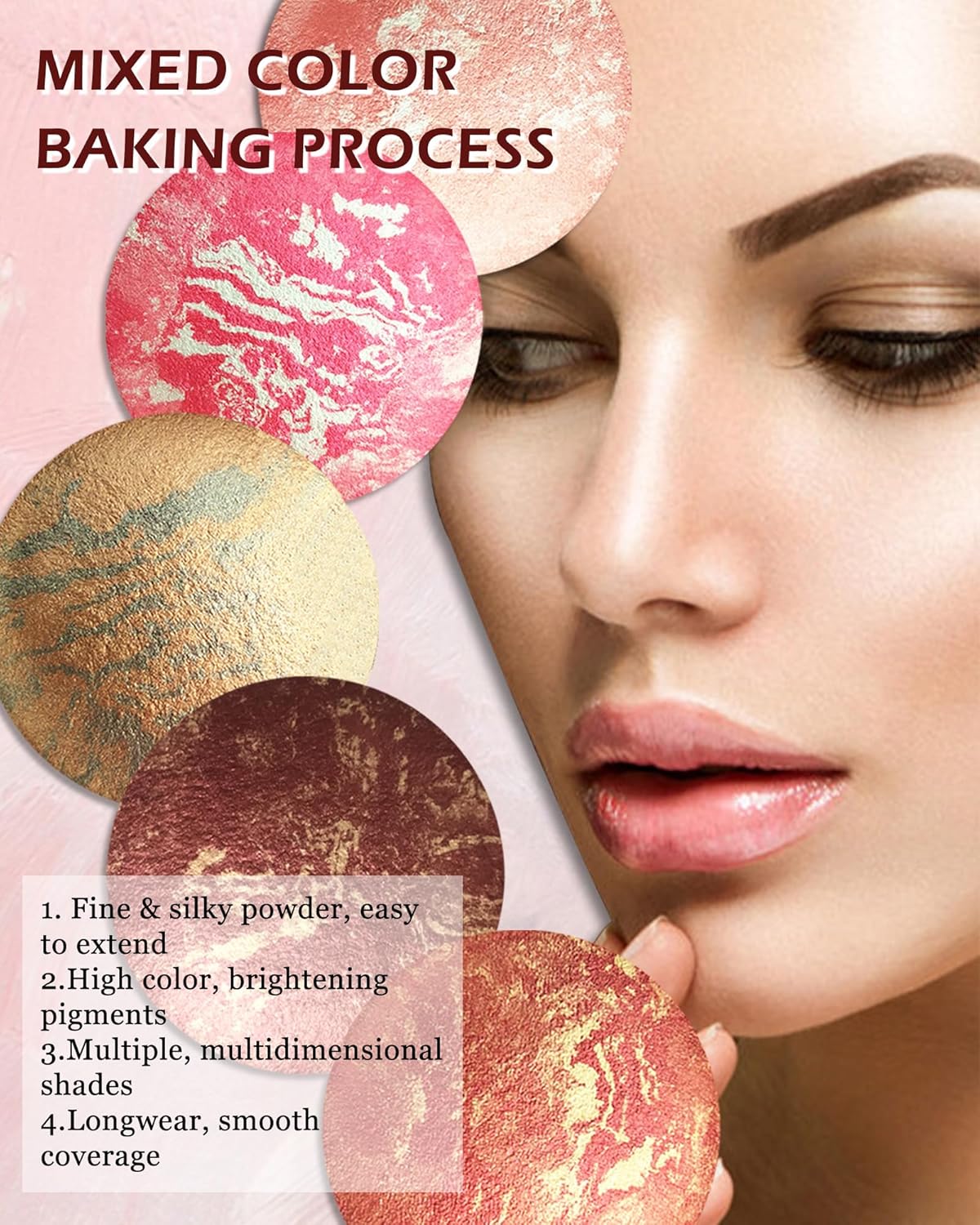 Baked Blush, Lighting Glow Marbleized Blush Powder Palette, Cruelty-Free Powder Blusher, Eyeshadow & Highlight for a Lightweight Shimmery Satin Face Makeup, Gift for Women (0.49Ounce)-01#Peachy