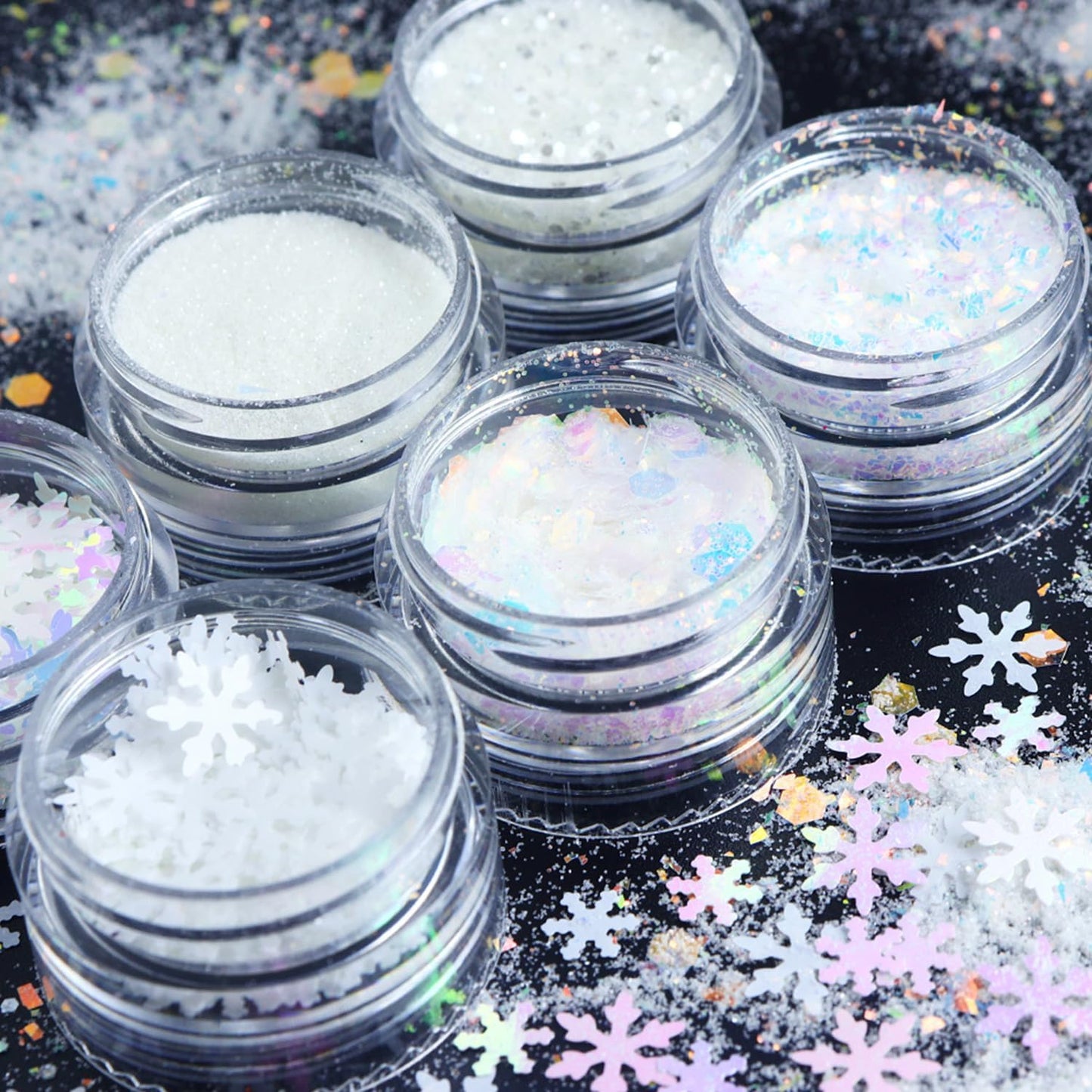 Snowflake Nail Art Glitter White Blue Winter Nail Sequins Flakes, White Manicure fine Glitter Powder, 3D Holographic Round Hexagon Nail Stickers Decals Supplies Nail Charms for Women 6 Box