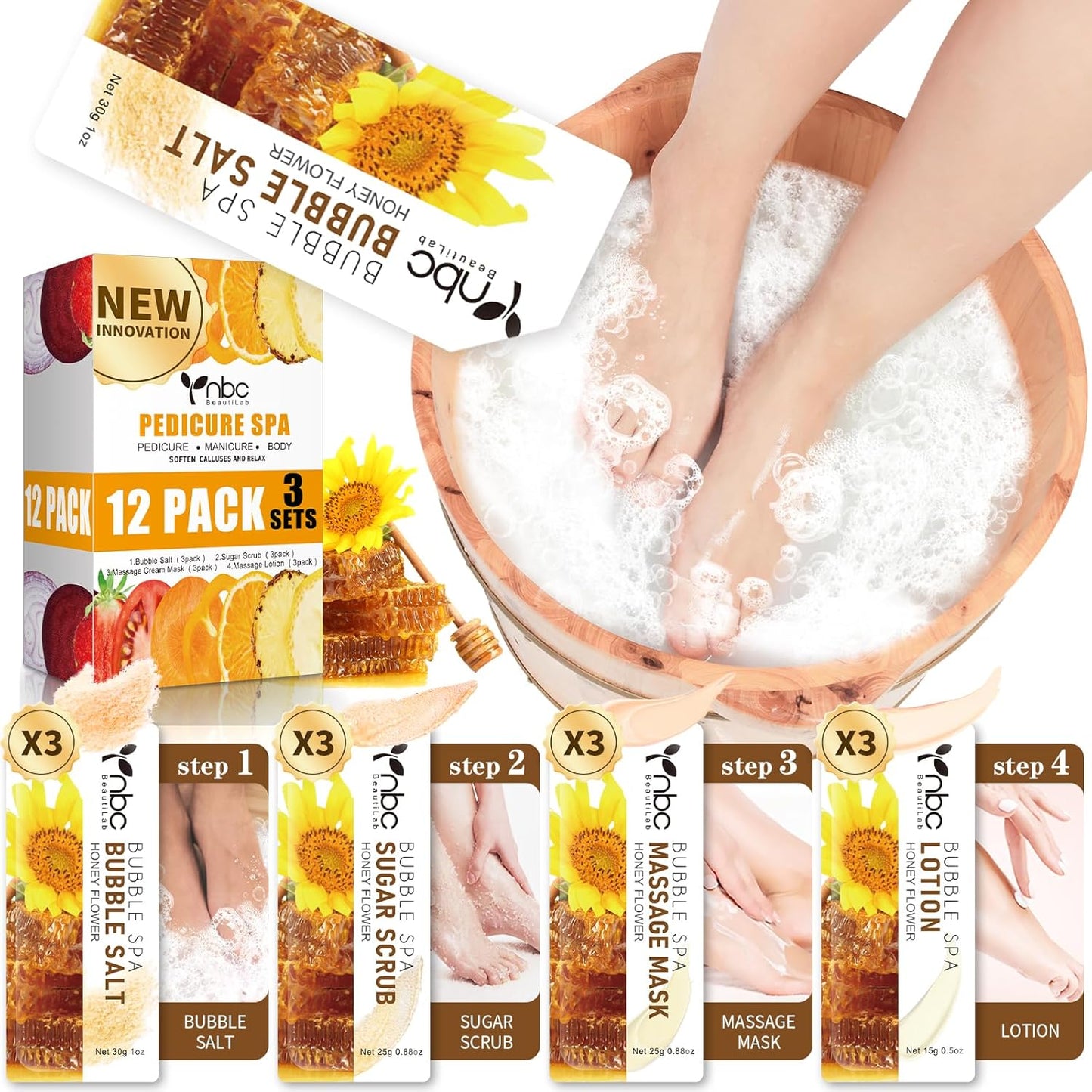 Pedicure Kit Foot Soak Set: Bubble Salt, Sugar Scrub, Massage Mask, Massage Lotion in a Box, 4 Step Foot Spa Kit for Dry Feet, Tired Feet（3 Set Honey flower)