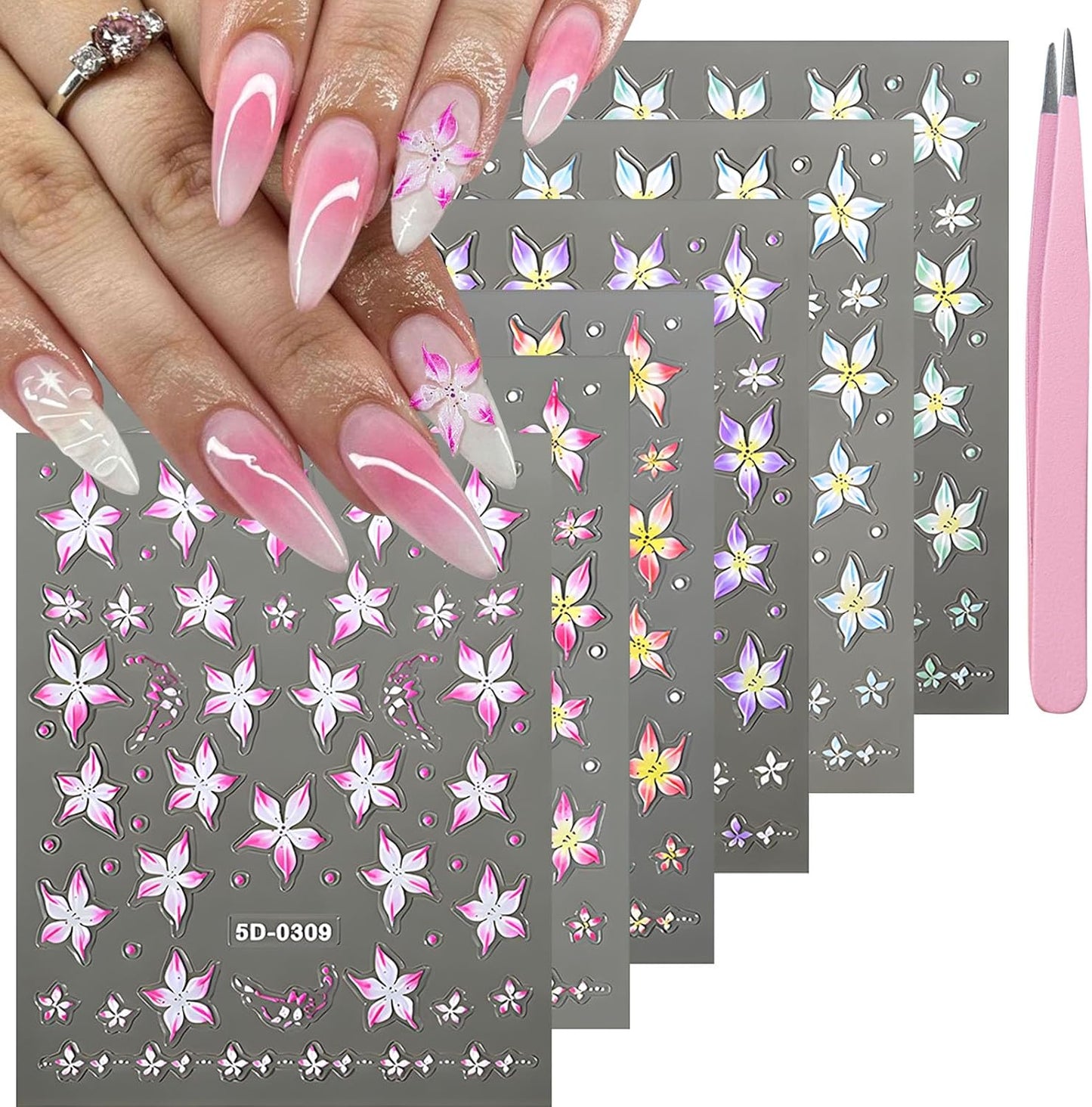 Flower Nail Stickers for Nail Art 5D Embossed Nails Decals Spring Summer Lily Decoration for Women Nails Design 3D Self Adhesive Pink Blue Green Flower Supplies
