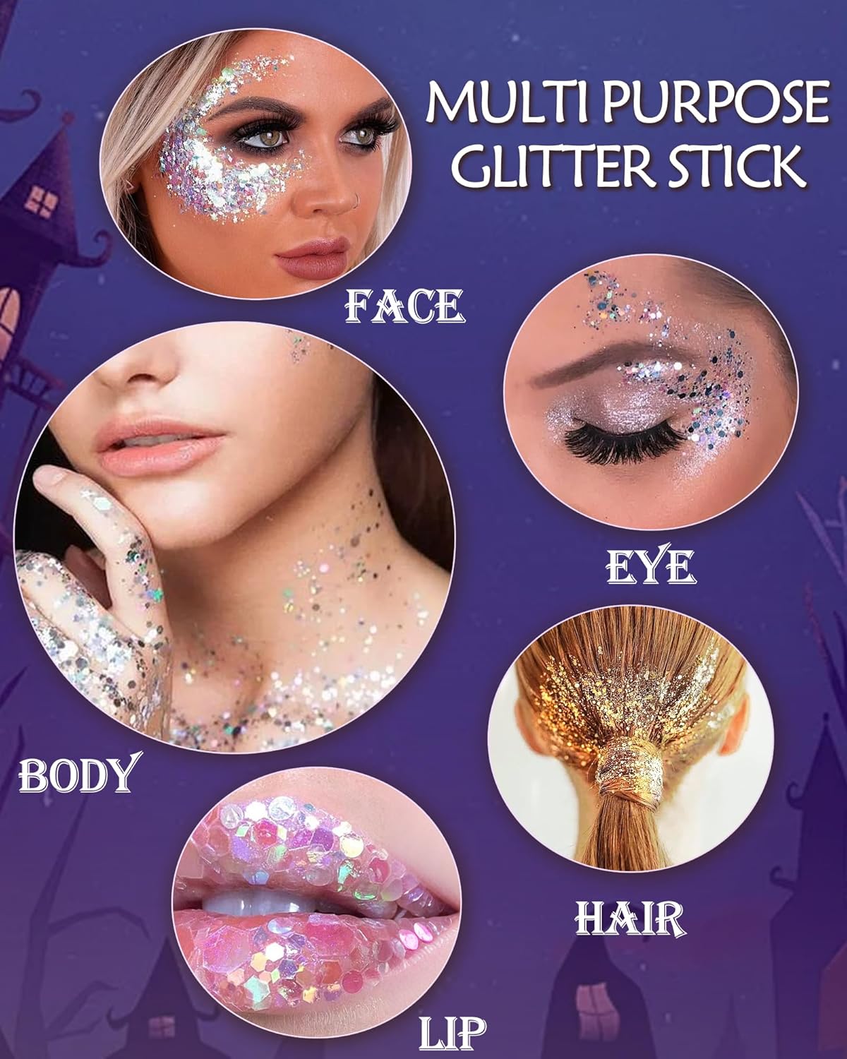 Body Glitter Stick, Waterproof Long Lasting Sparkling Face Shimmer Makeup, Singer Concerts Disco Music Halloween Festival Rave Accessories, Holographic Chunky Sequins Hair Stick,Gift for Women girl-23