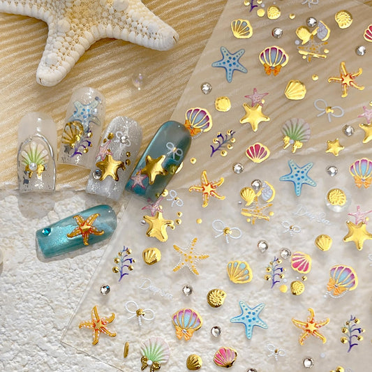 1 Sheets Summer Beach Nail Decals for Nail Art Gold Seashell Starfish Nail Stickers with Diamond Designs Coral Conch Bow Nail Art Stickers 5D Self-Adhesive Ocean Nail Design Supplies for Women