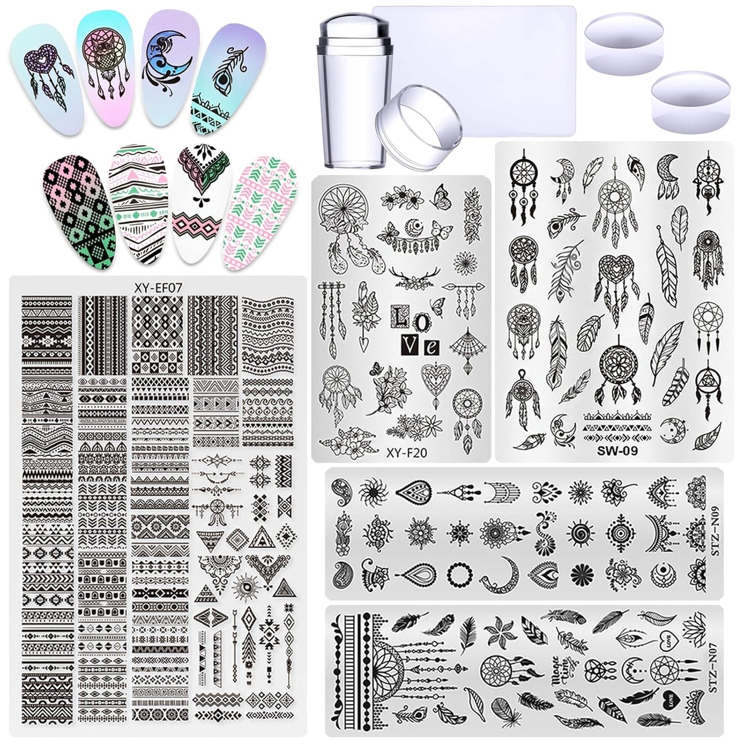 Bohemia Style Nail Stamping Plate 5pcs Set Geometric Art Template with Silicone French Tip Stamper Kit Nail Stencil for Nail Art Salon DIY Tool Supplies